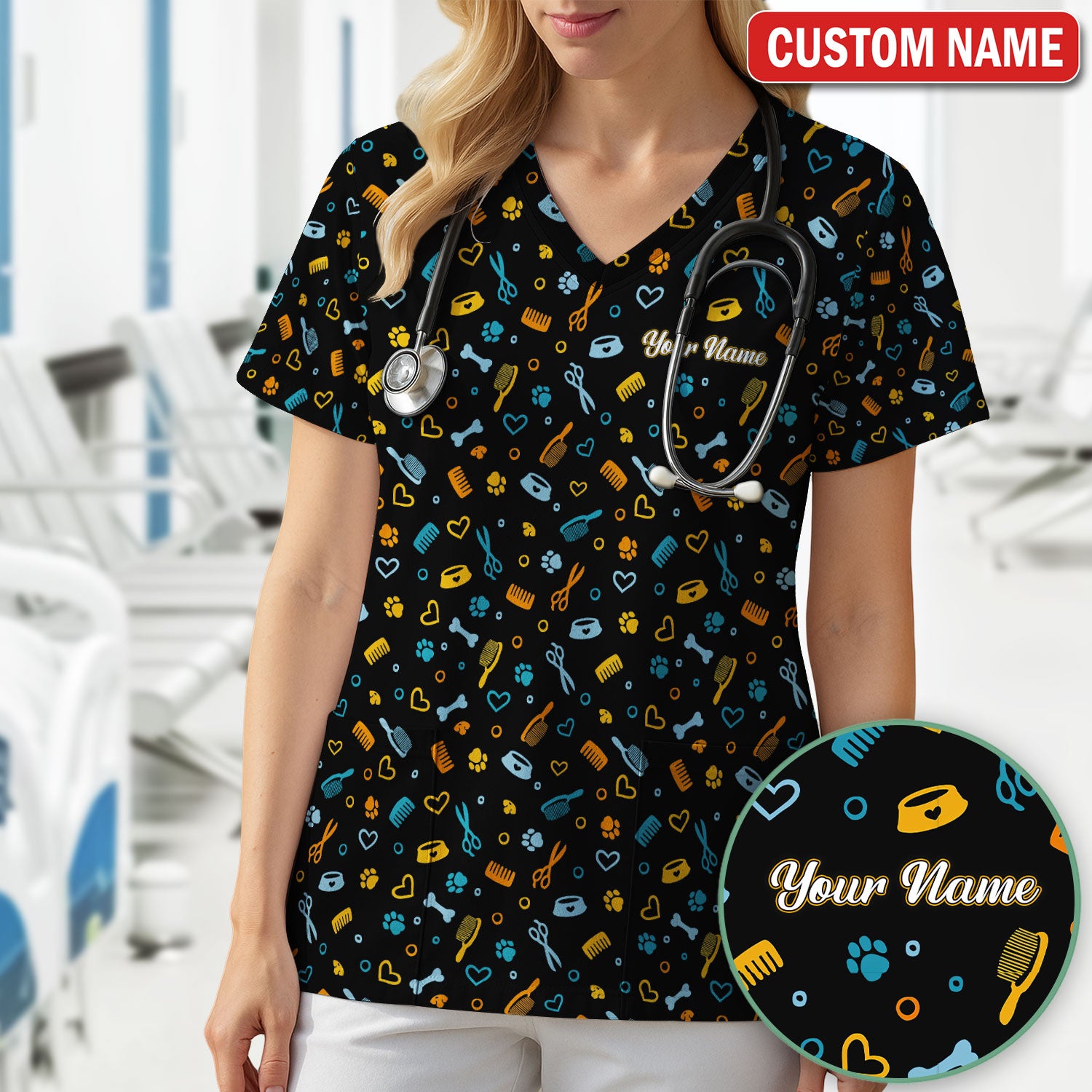 Custom Name Dog Cat Grooming Pattern Scrub Top, Breathable Fabrics Nursing Uniform