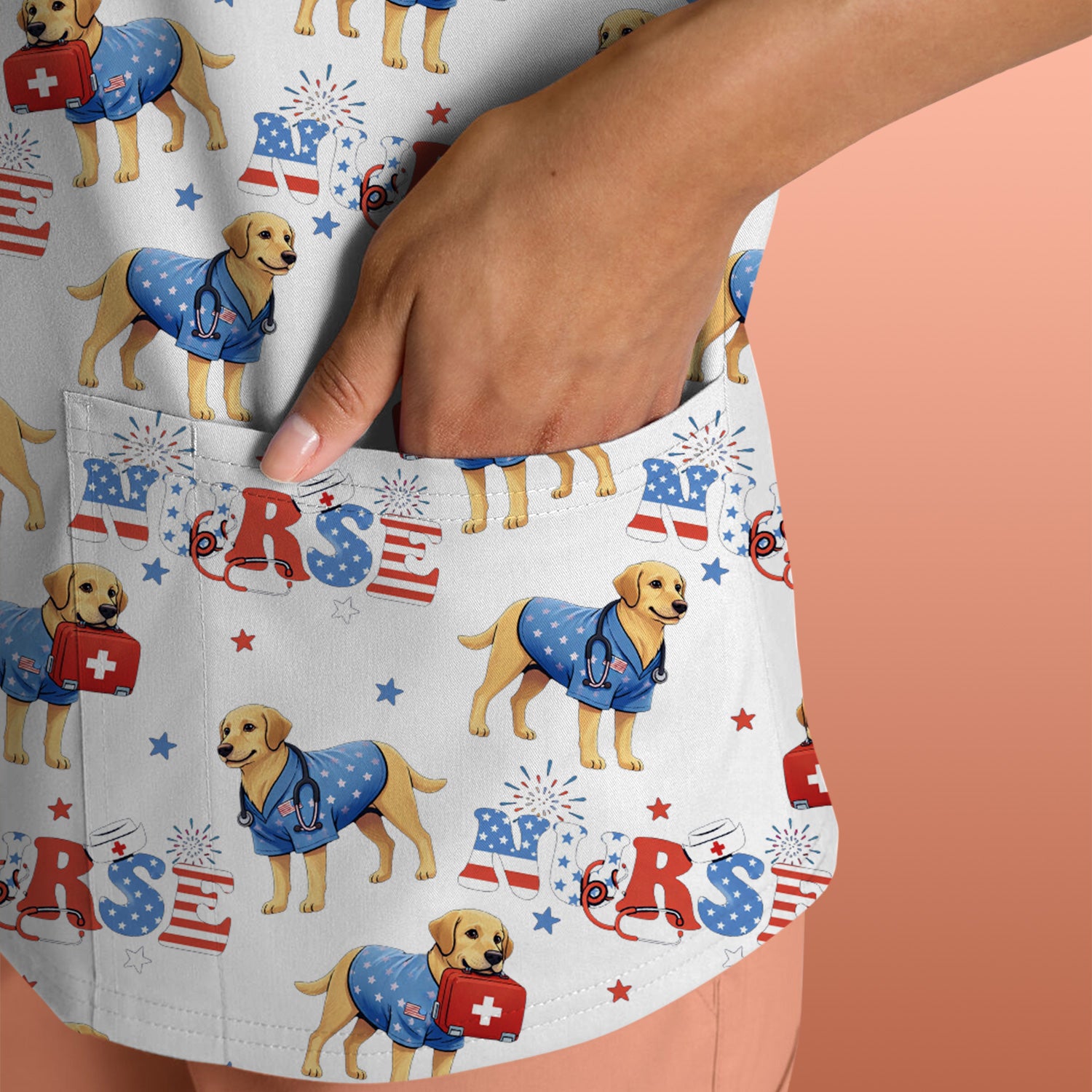 Patriotic Nurse Dog Medical Pattern Scrub Top, Breathable Fabrics Nursing Uniform