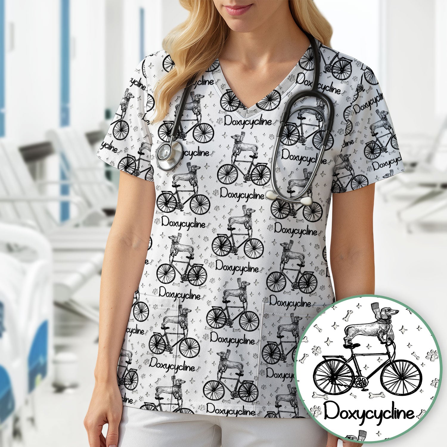 Funny Doxycycline Dog Bicycle Print Scrub Top, Comfortable Scrubs for Nurses