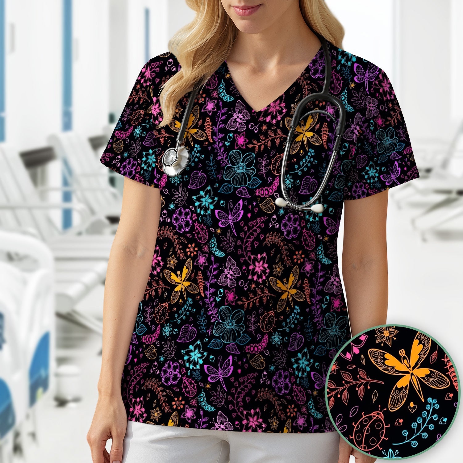 Neon Butterfly and Floral Garden Pattern Scrub Top, Comfortable Scrubs for Nurses
