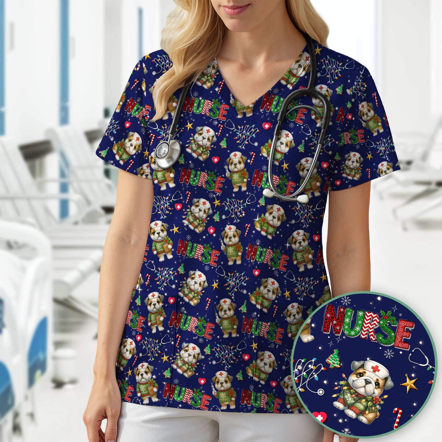 Bulldog Christmas Nurse Scrub Top - Funny Dog Scrub Shirt - Cute Holiday Medical Uniform for Women RN LPN CNA Gift