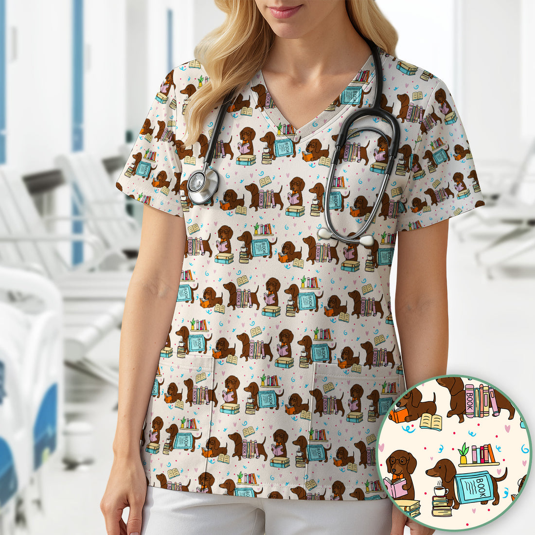 Cute Bookish Dachshund Reading Scrub Top, Comfortable Scrubs for Nurses