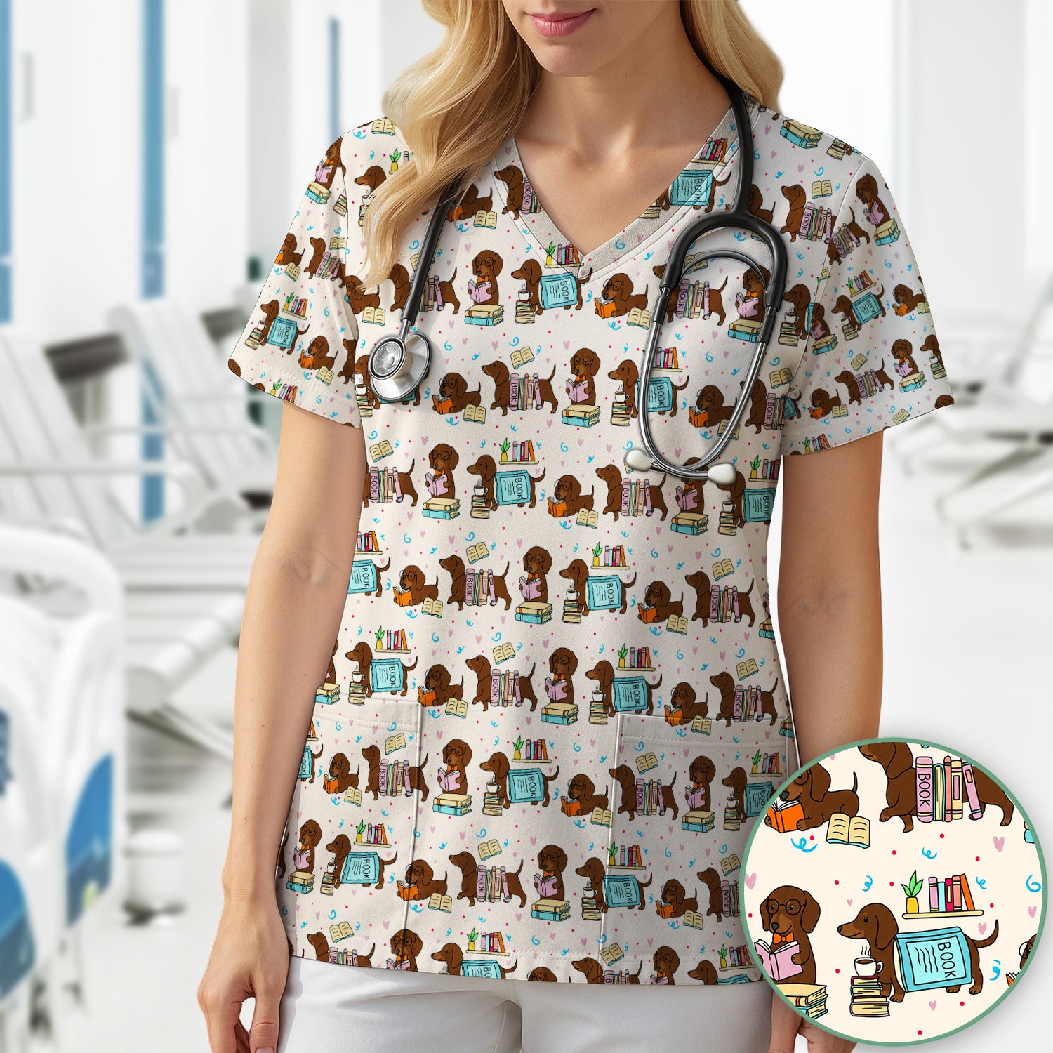 Cute Bookish Dachshund Reading Scrub Top, Comfortable Scrubs for Nurses