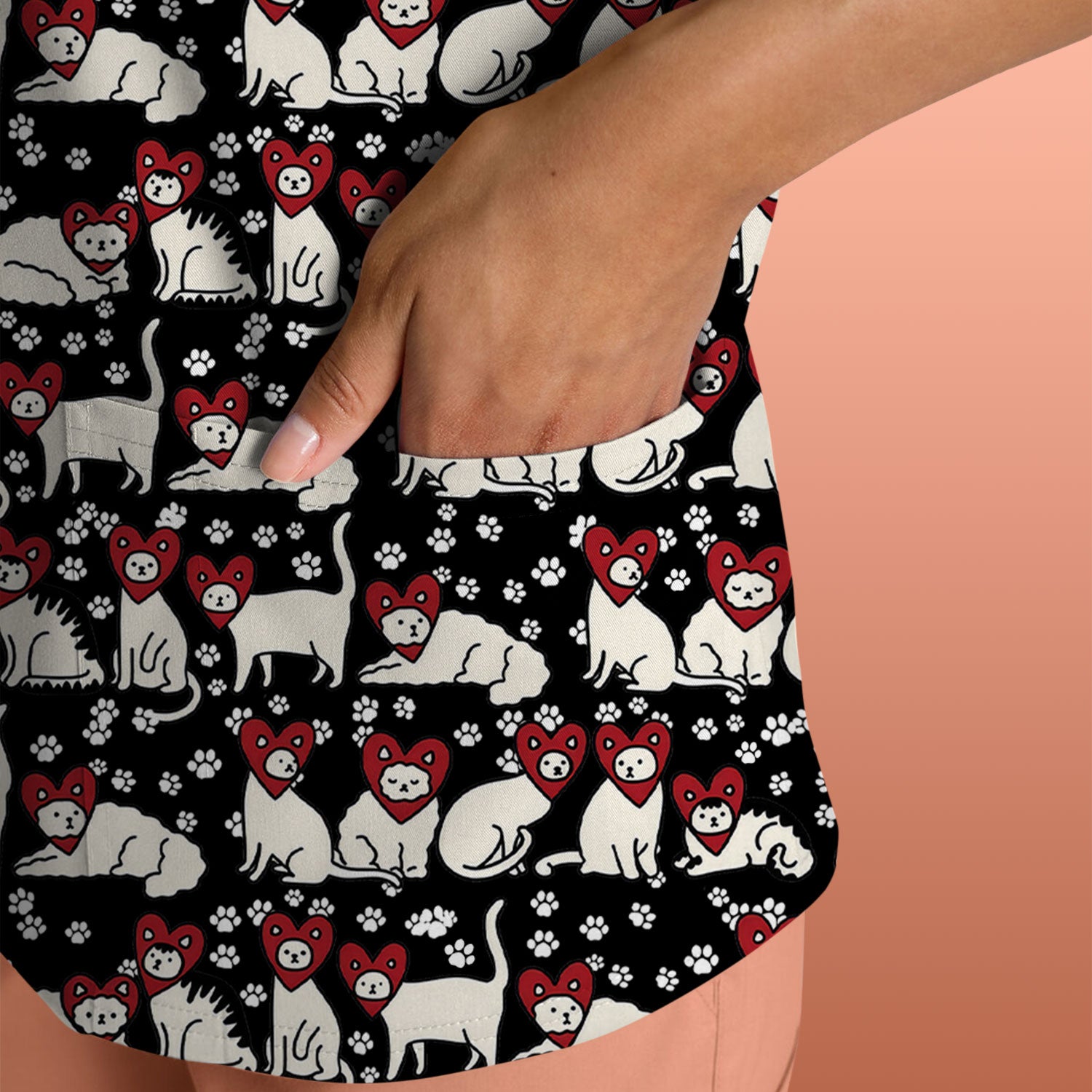 Cute Cat Heart Pattern Scrub Top, Funny Cat Scrub Shirt For Nurses, Breathable Fabrics Nursing Uniform