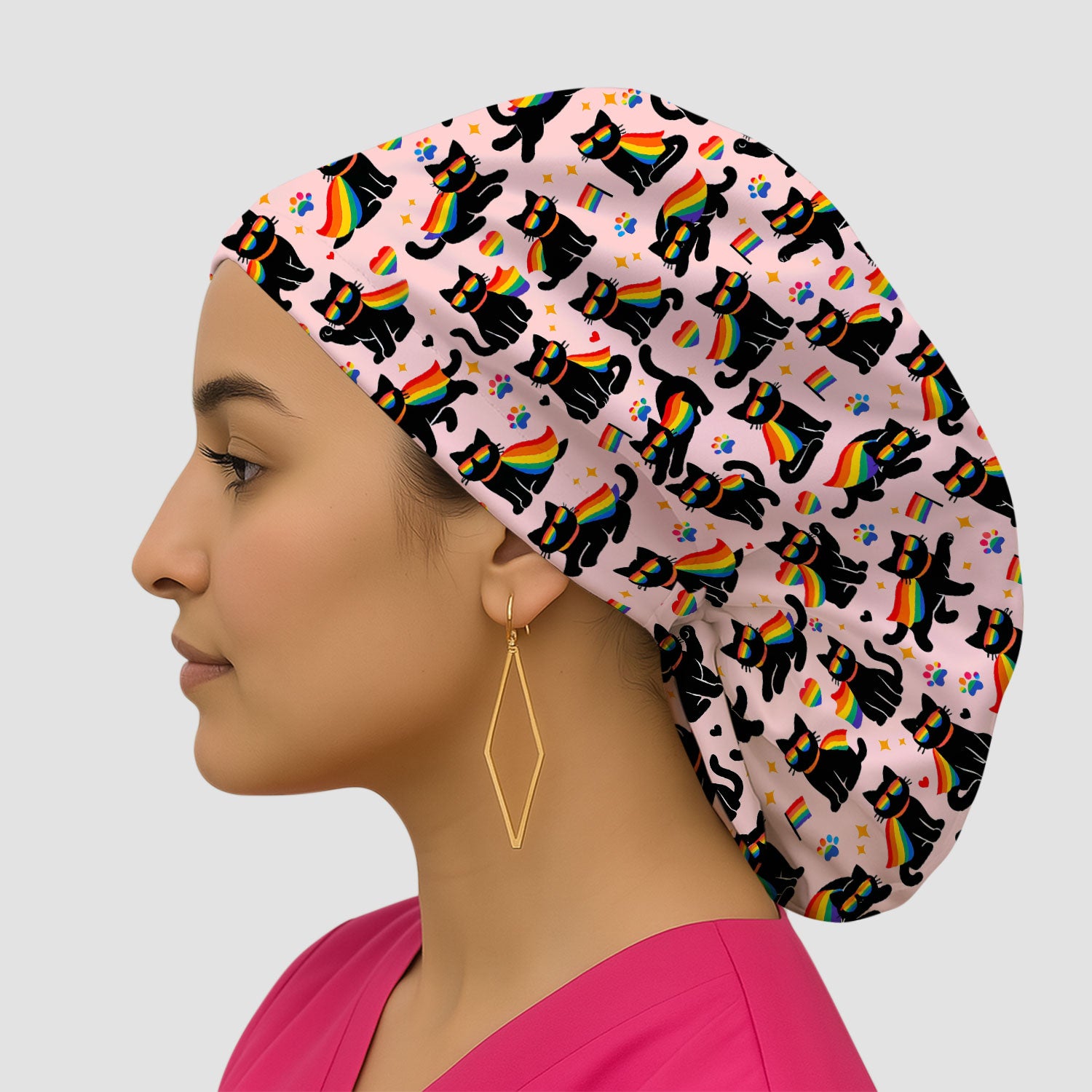 Rainbow Black Cat Pride Pattern Scrub Cap, Surgical Caps for Doctors