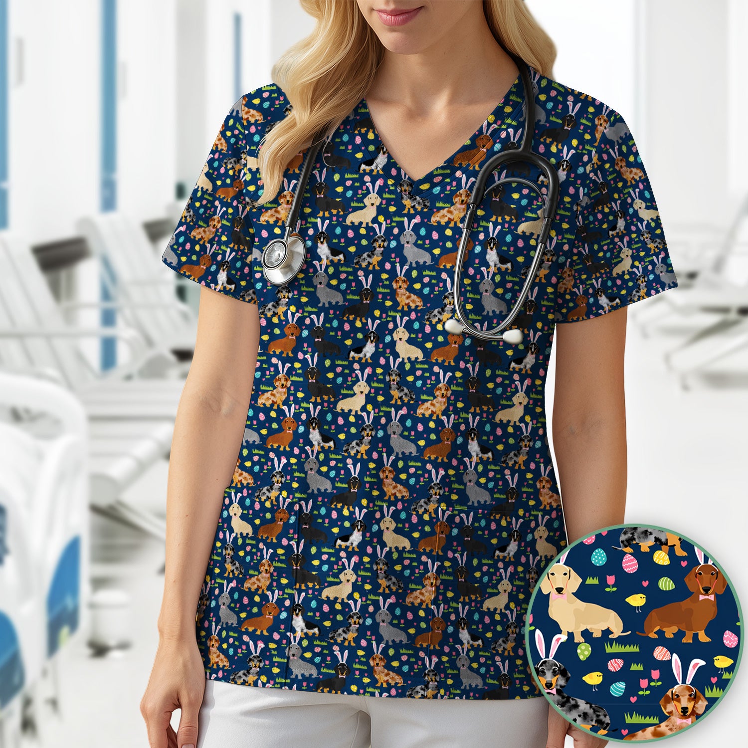 Easter Dachshund Dog Pattern Scrub Top, Comfortable Scrubs for Nurses