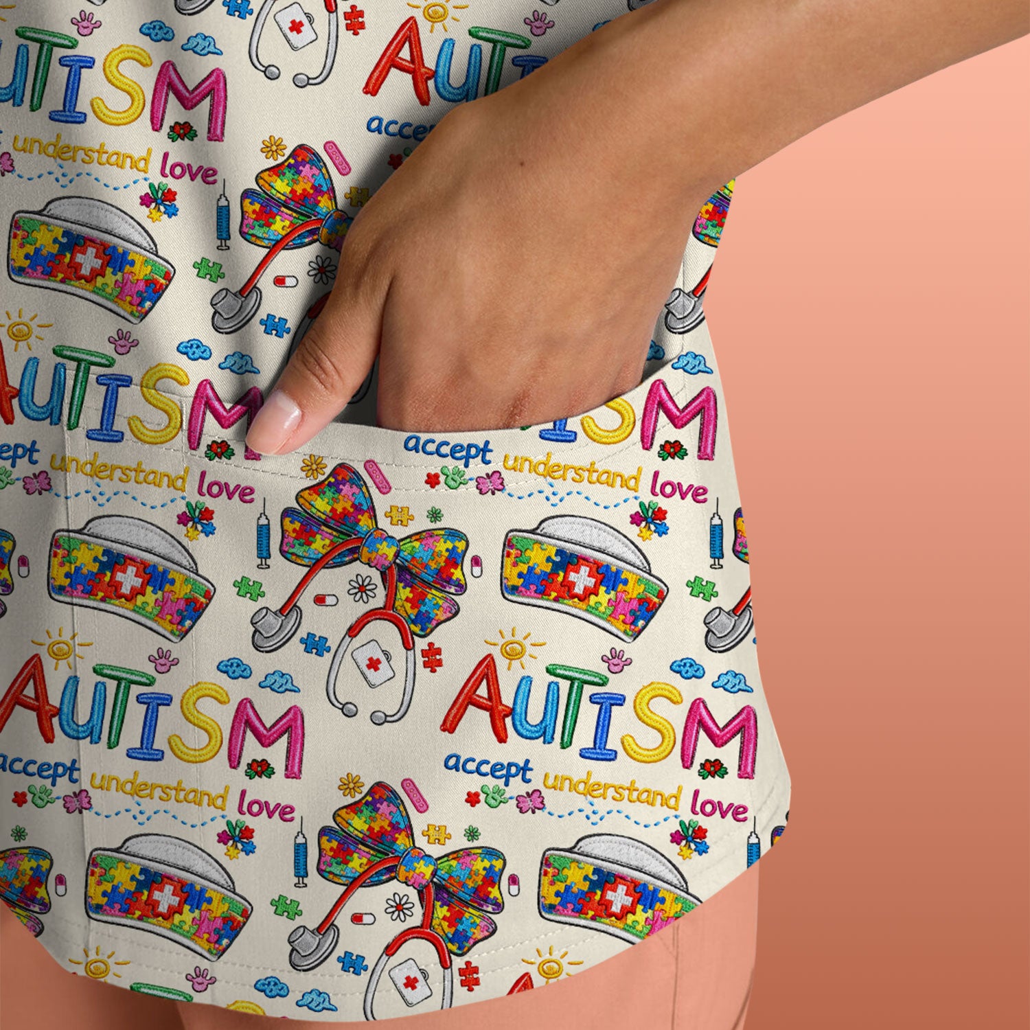 Autism Awareness Pattern Nurse Scrub Top, Accept Understand Love Puzzle Nurses Shirt, Breathable Fabrics Nursing Uniform