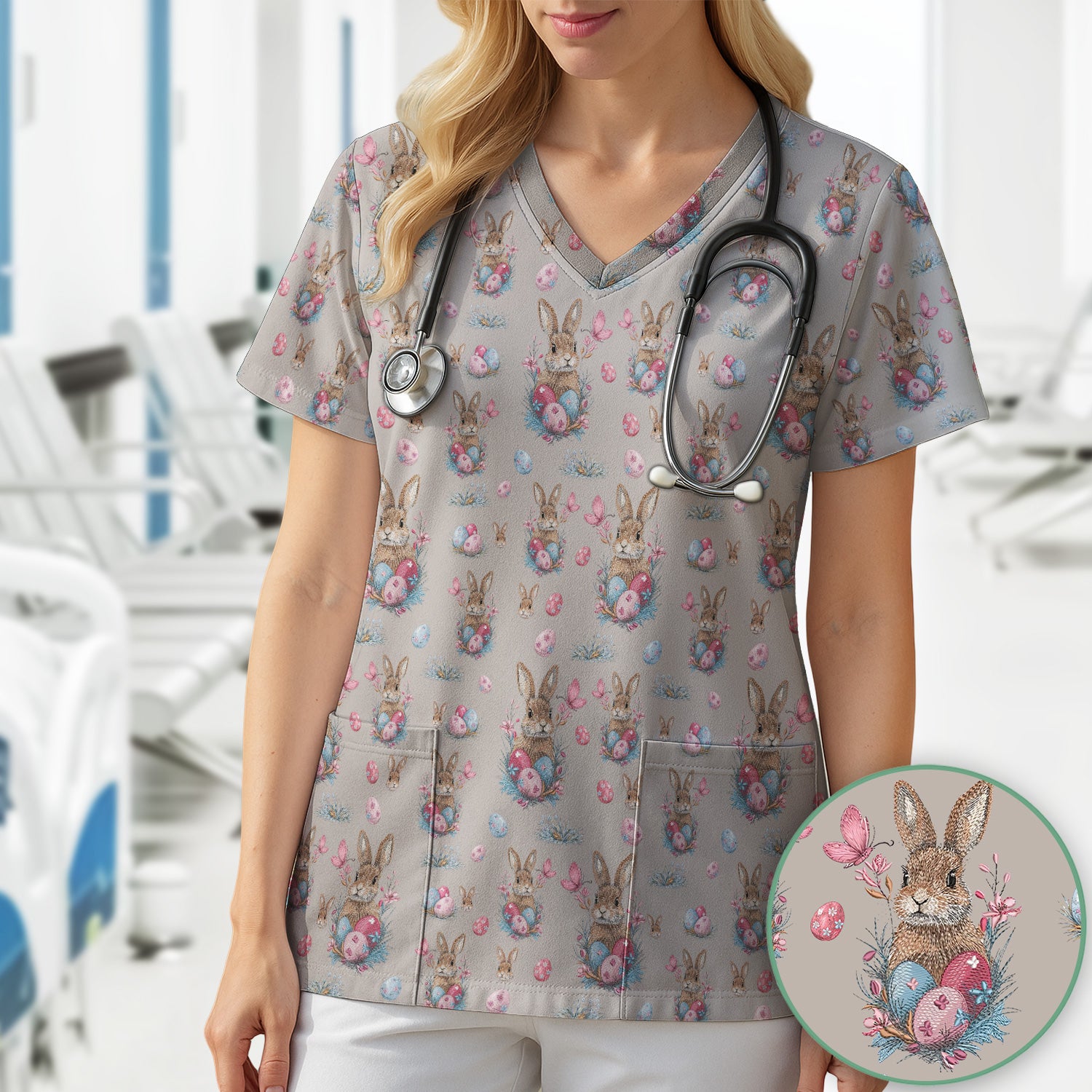 Pastel Easter Bunny Nest Pattern Scrub Top, Comfortable Scrubs for Nurses