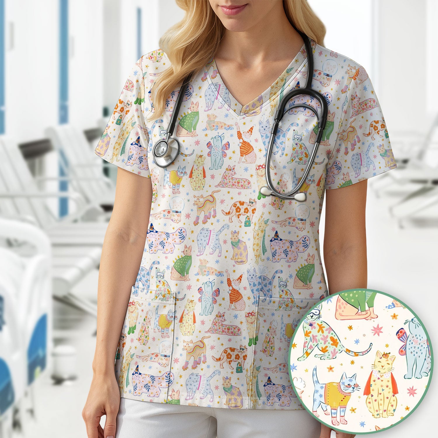 Colorful Pastel Cartoon Cats Print Scrub Top, Breathable Fabrics Nursing Uniform