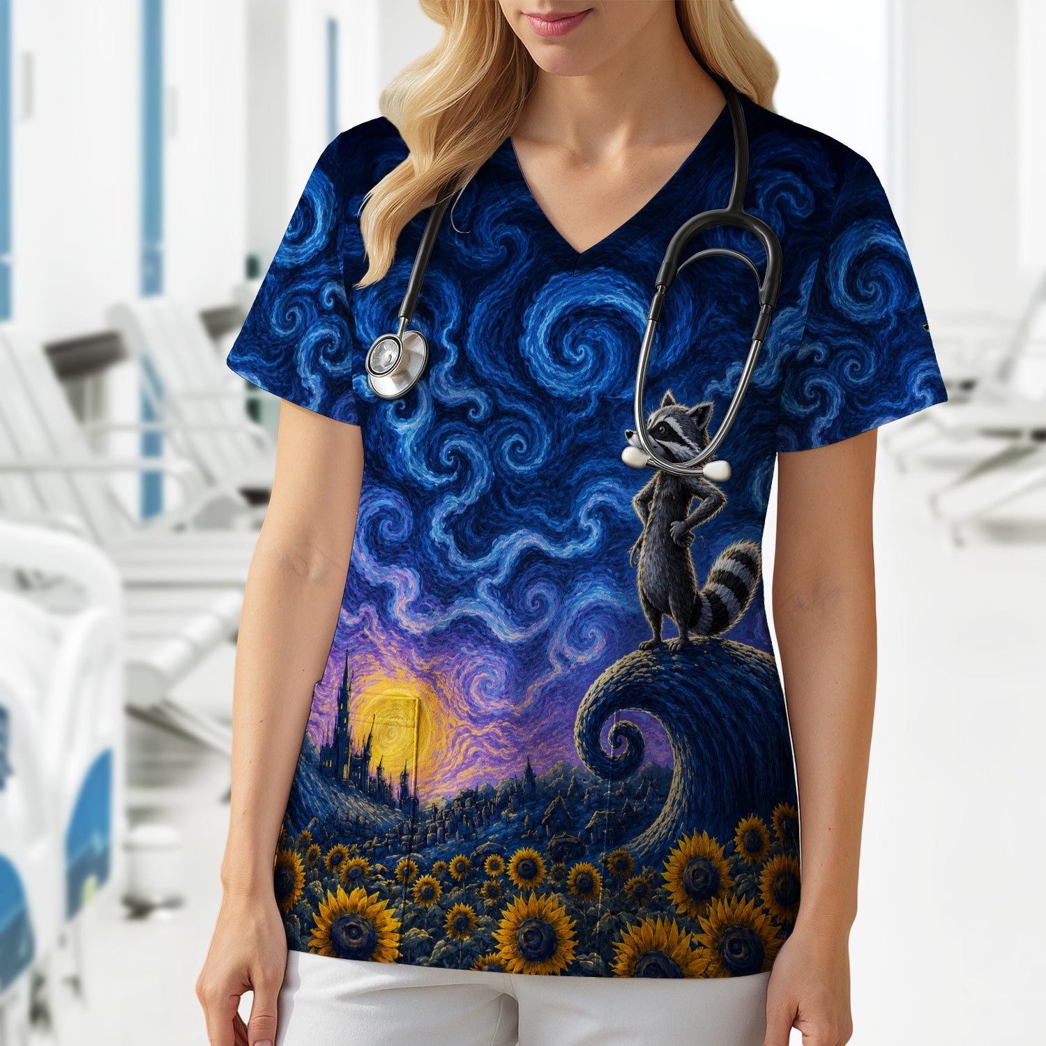 Starry Raccoon Print Scrub Top, Comfortable Scrubs for Nurses