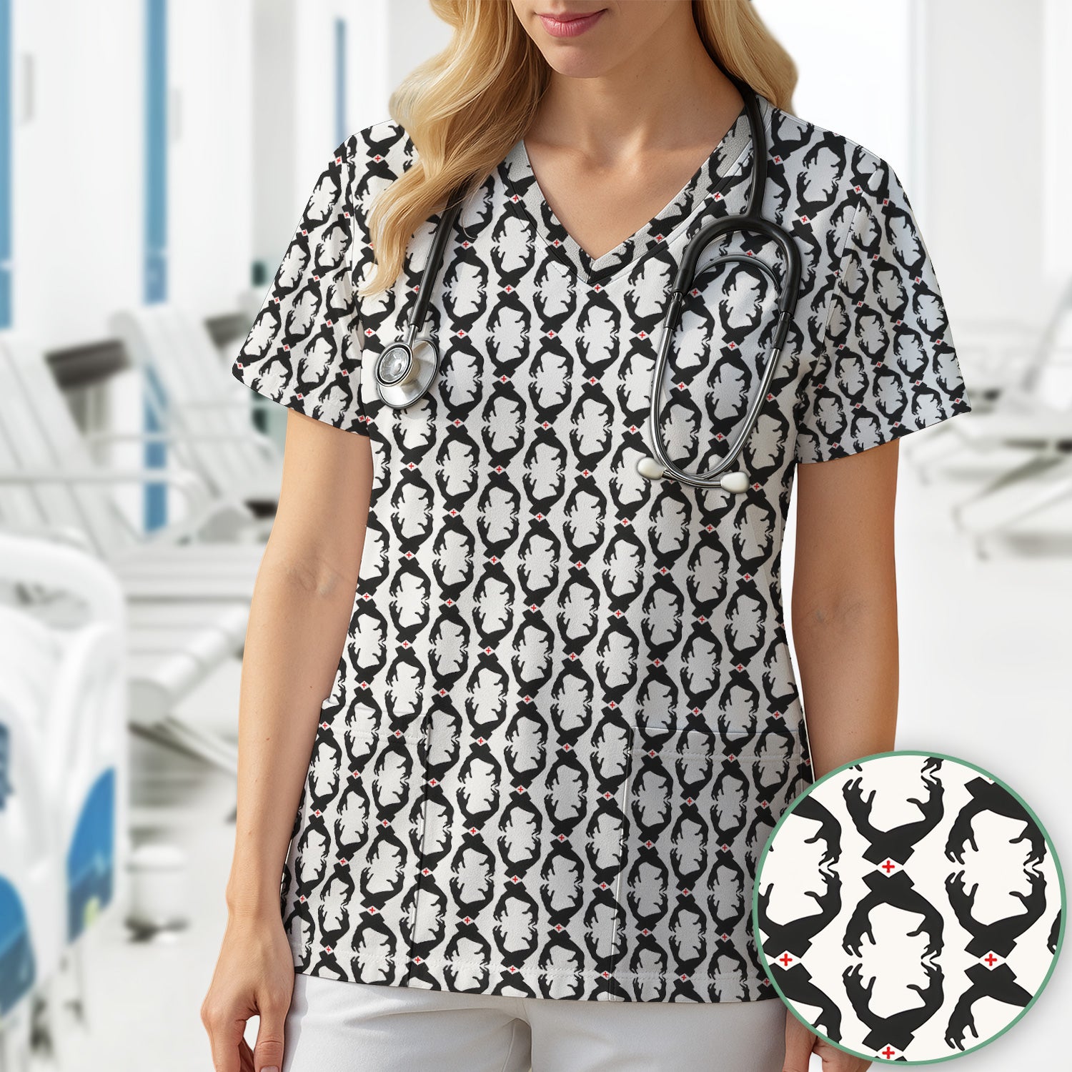 Creepy Hands Black White Red Patterns Scrub Top, Comfortable Scrubs for Nurses