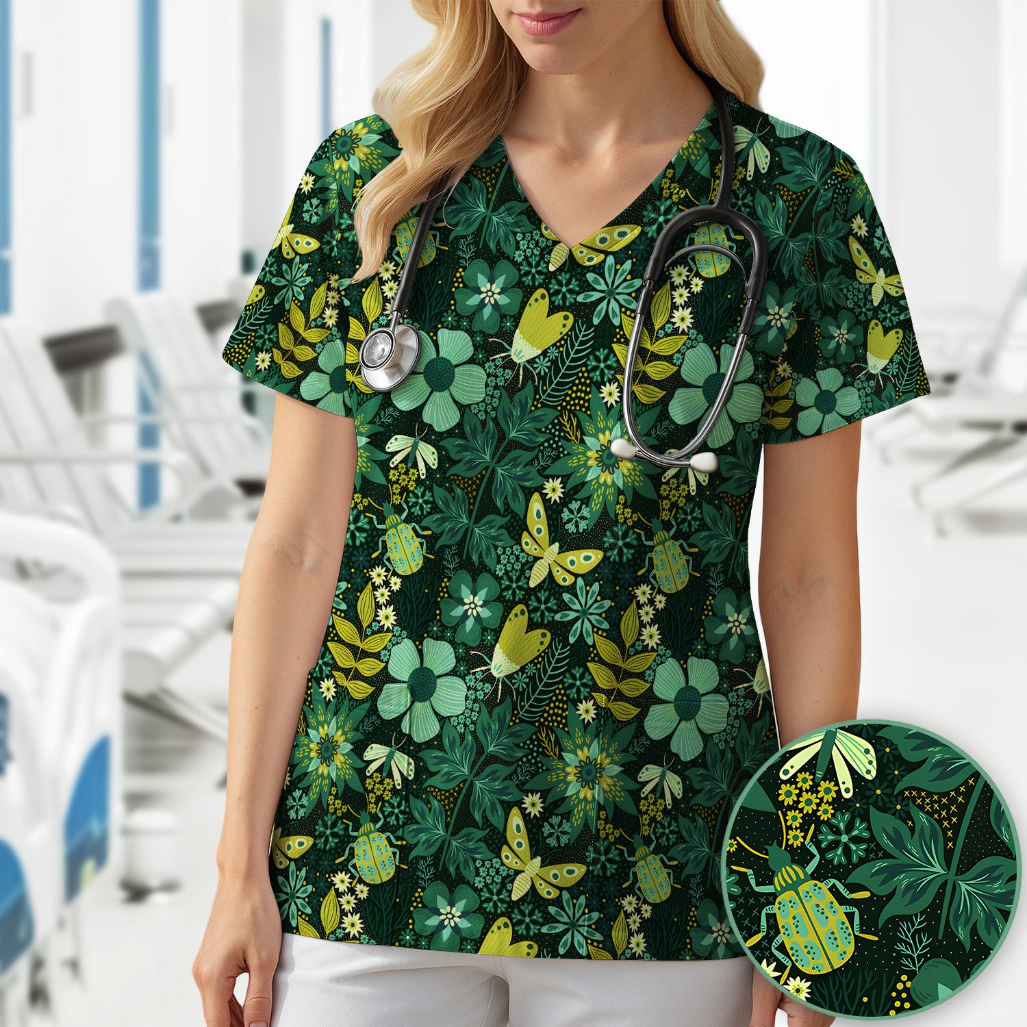 Green Botanical Butterfly Pattern Scrub Top, Comfortable Scrubs for Nurses