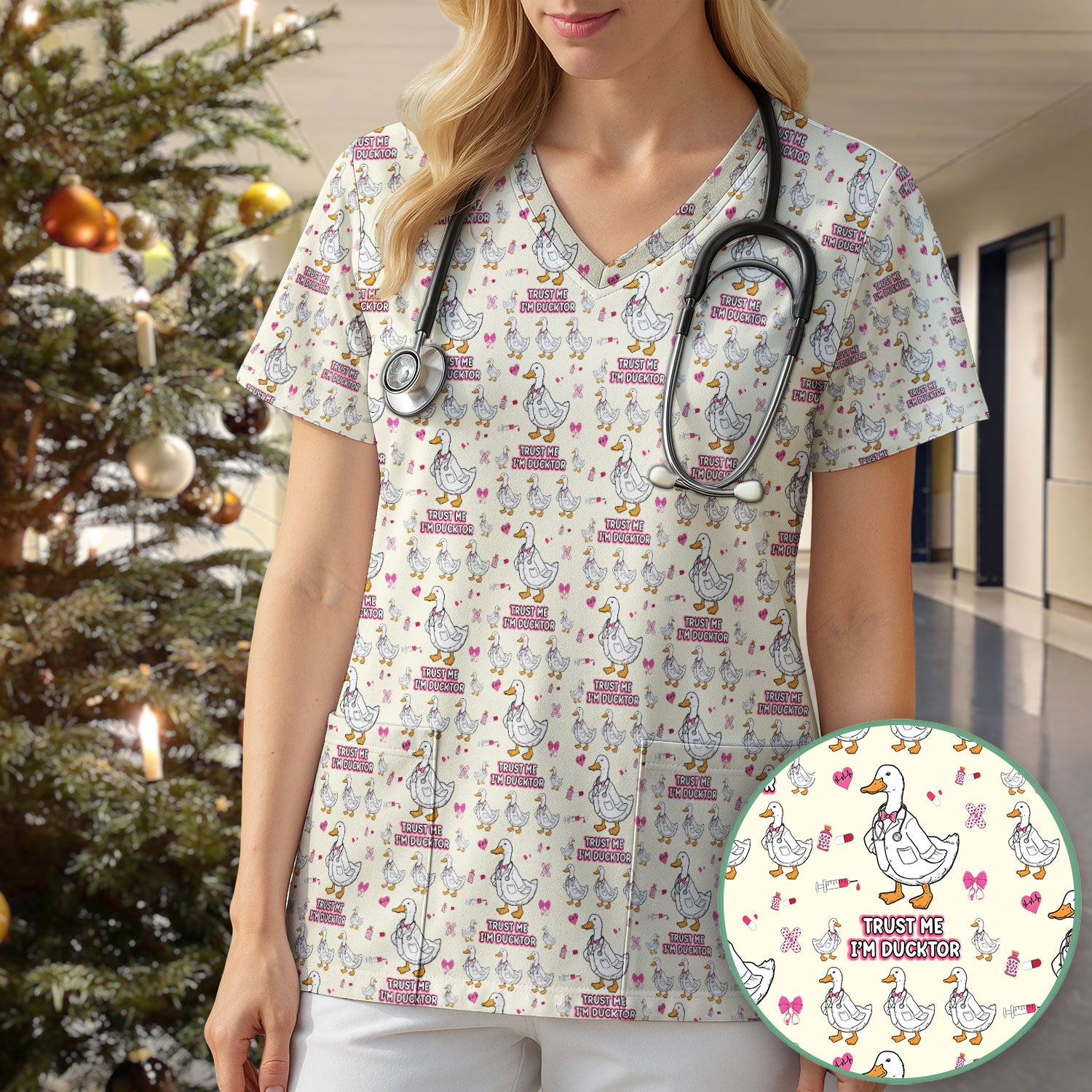 Trust Me I'm Ducktor Scrub Top, Funny Duck Pattern Scrub Shirt, Breathable Fabrics Nursing Uniform For Women