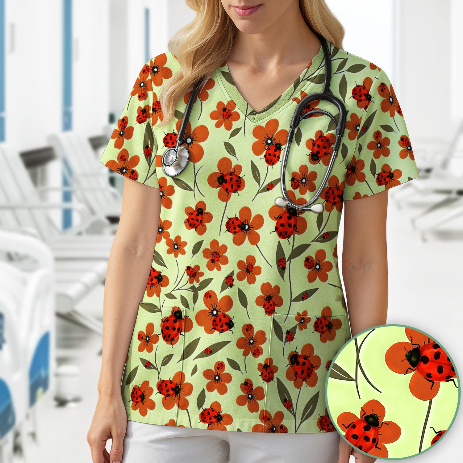 Ladybug on Orange Floral Garden Pattern Scrub Top, Comfortable Scrubs for Nurses