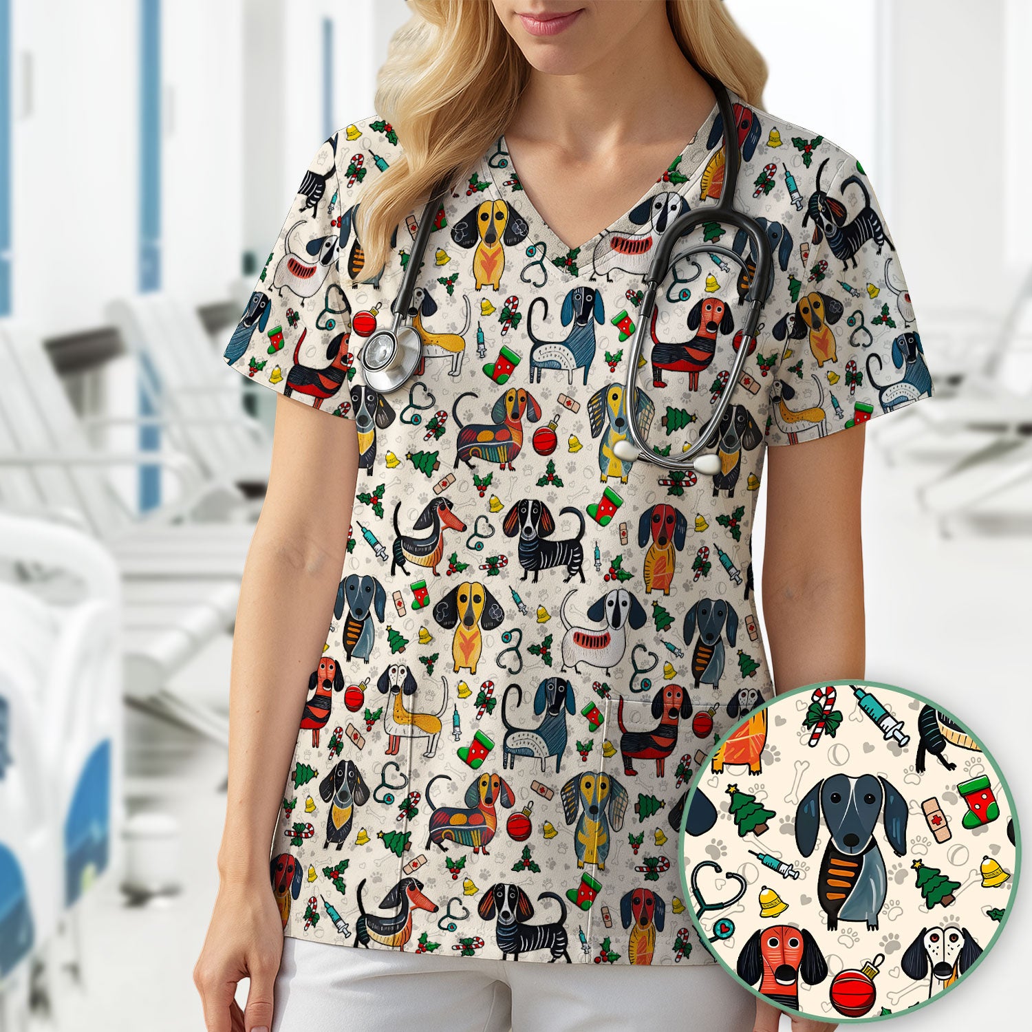 Christmas Wiener Dog Scrub Top - Funny Sausage Dog Nurse Shirt for Women - Holiday Medical Uniform