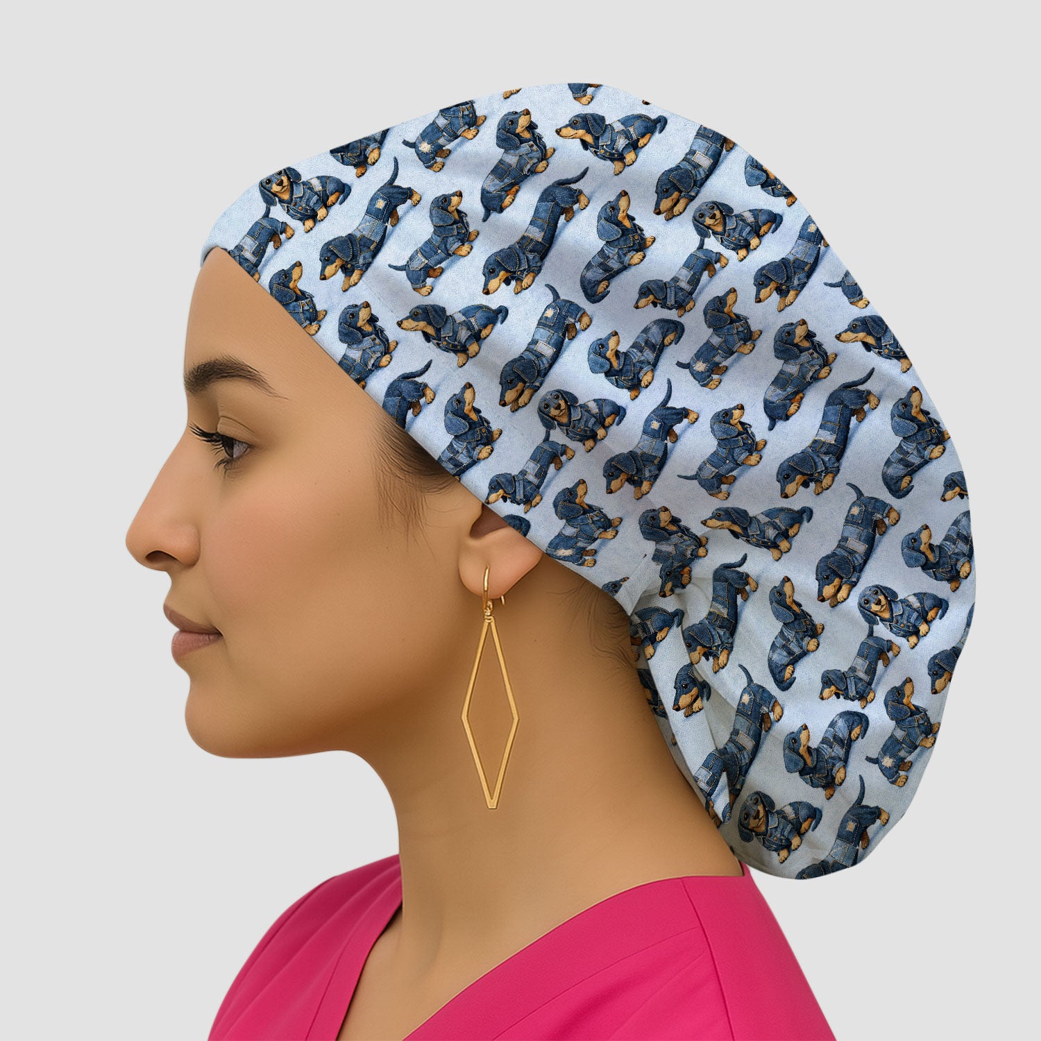 Denim Dachshund Dog Pattern Scrub Cap, Breathable Fabrics Caps Uniform