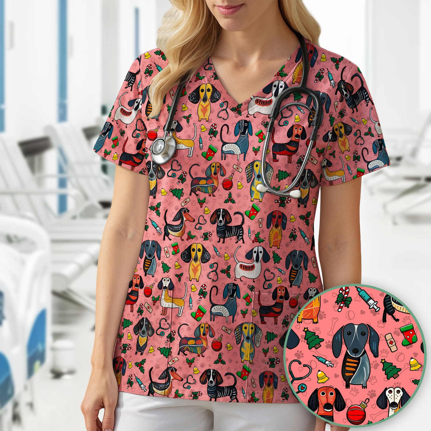 Dachshund Christmas Scrub Top - Cute Wiener Dog Nurse Uniform for Women - Holiday Medical Shirt
