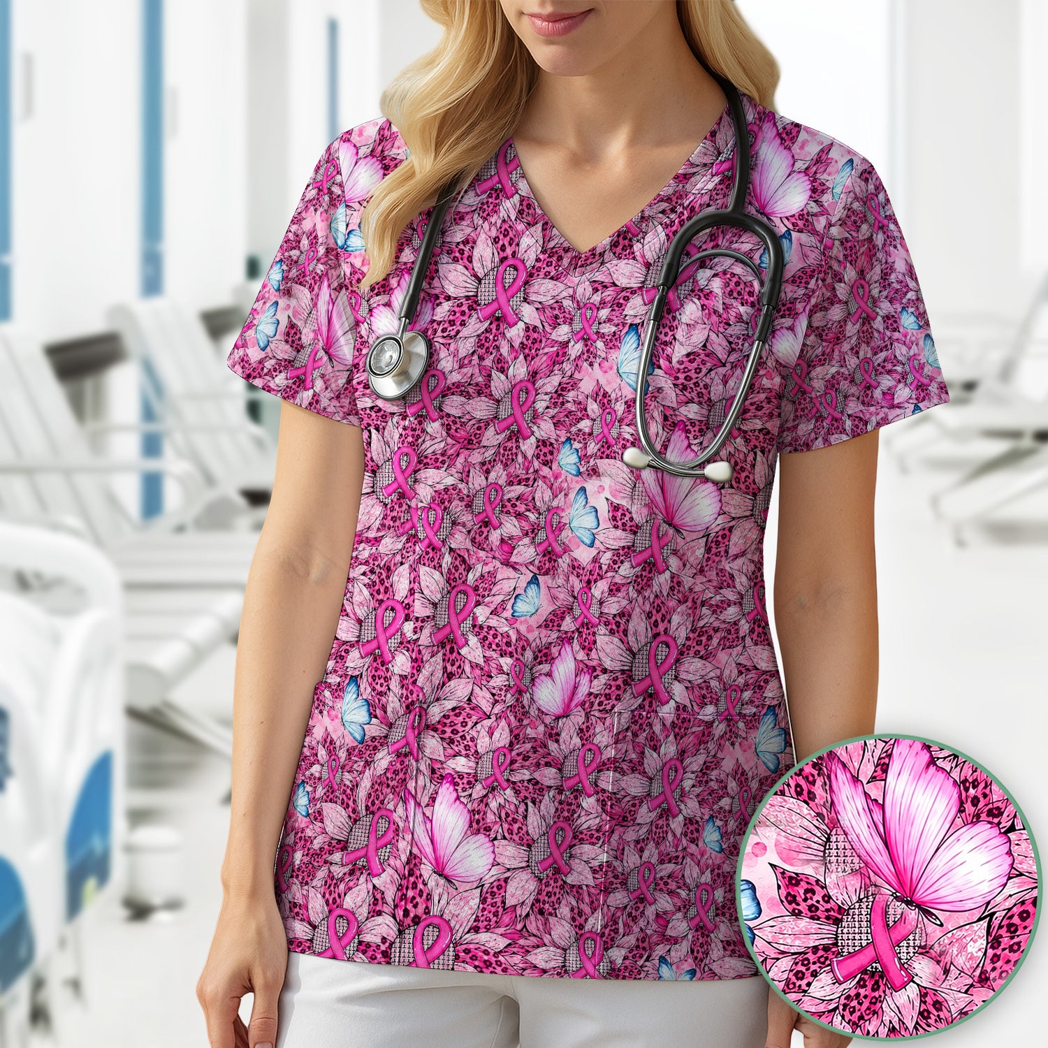 Pink Ribbon Butterfly Breast Cancer Scrub Top, Comfortable Scrubs for Nurses