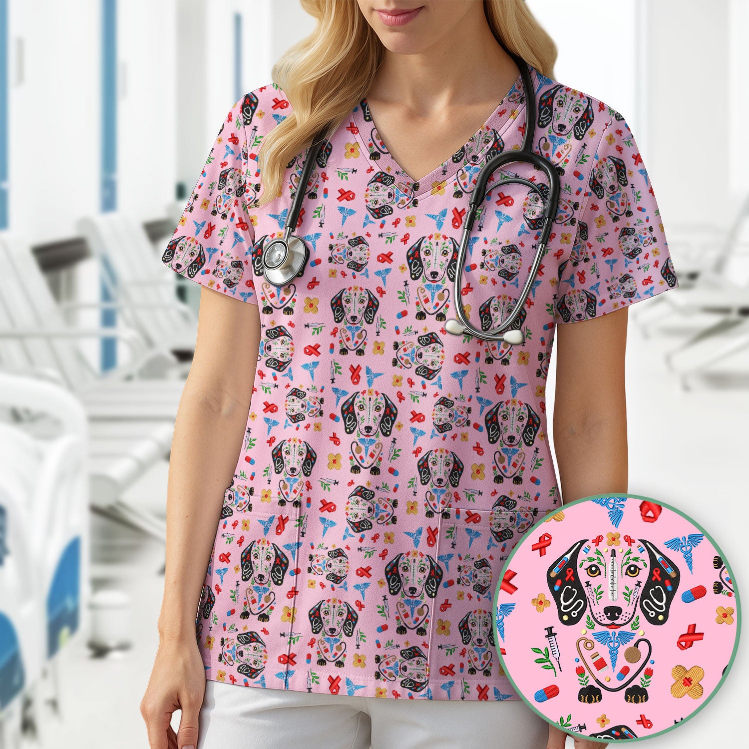 Dachshund Medical Icon Pattern Scrub Top, Comfortable Scrubs for Nurses
