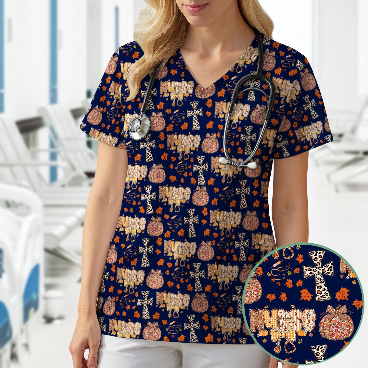 Floral Pumpkin Scrub Top for Women - Coquette Bow Thanksgiving Shirt - Comfortable Medical Uniform