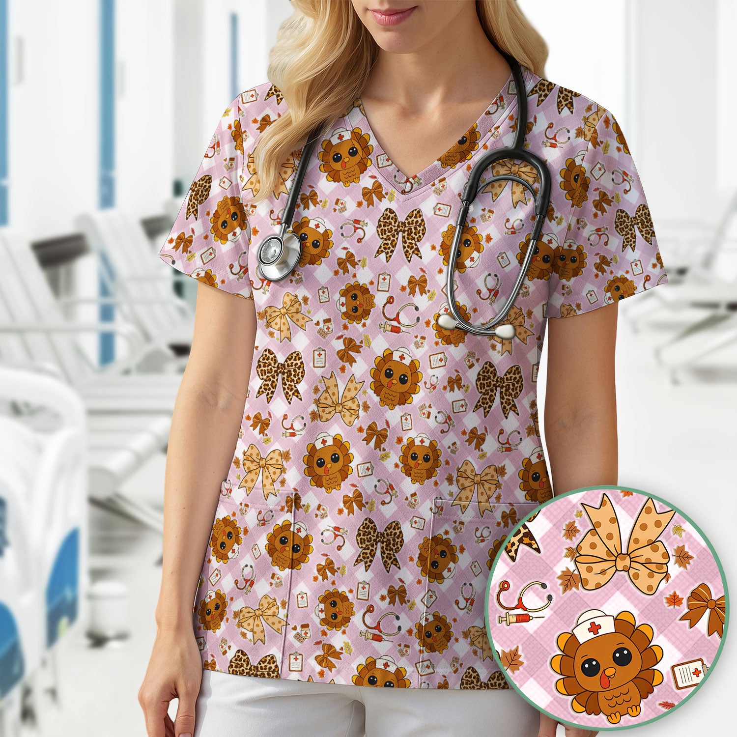 Thanksgiving Turkey Scrub Top for Nurses - Cute Fall Leaves and Bow Shirt - Funny Autumn Nursing Gift for Women RN LPN CNA