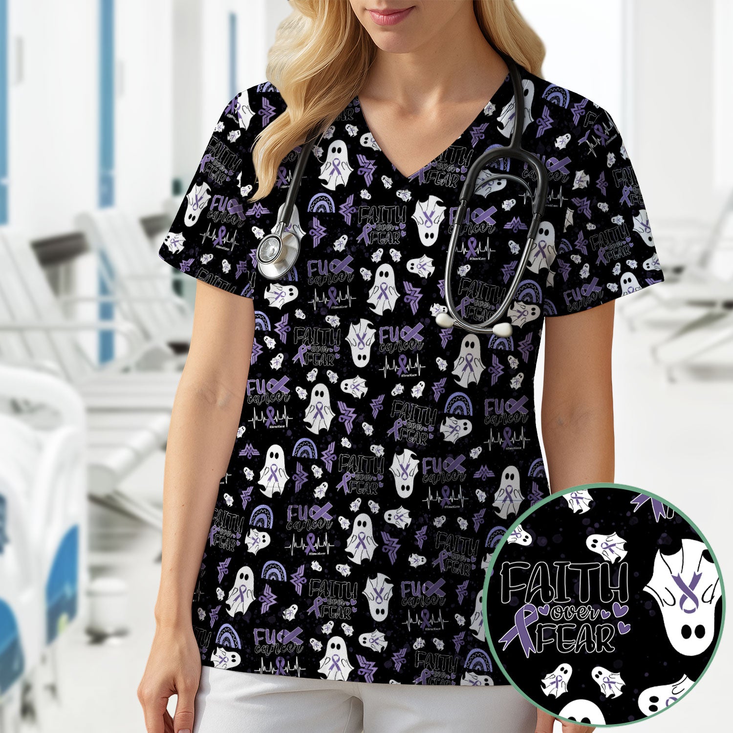 Stomach Cancer Awareness Scrub Top - Periwinkle Blue Ribbon Survivor Shirt - November Warrior Medical Uniform Gift for Women