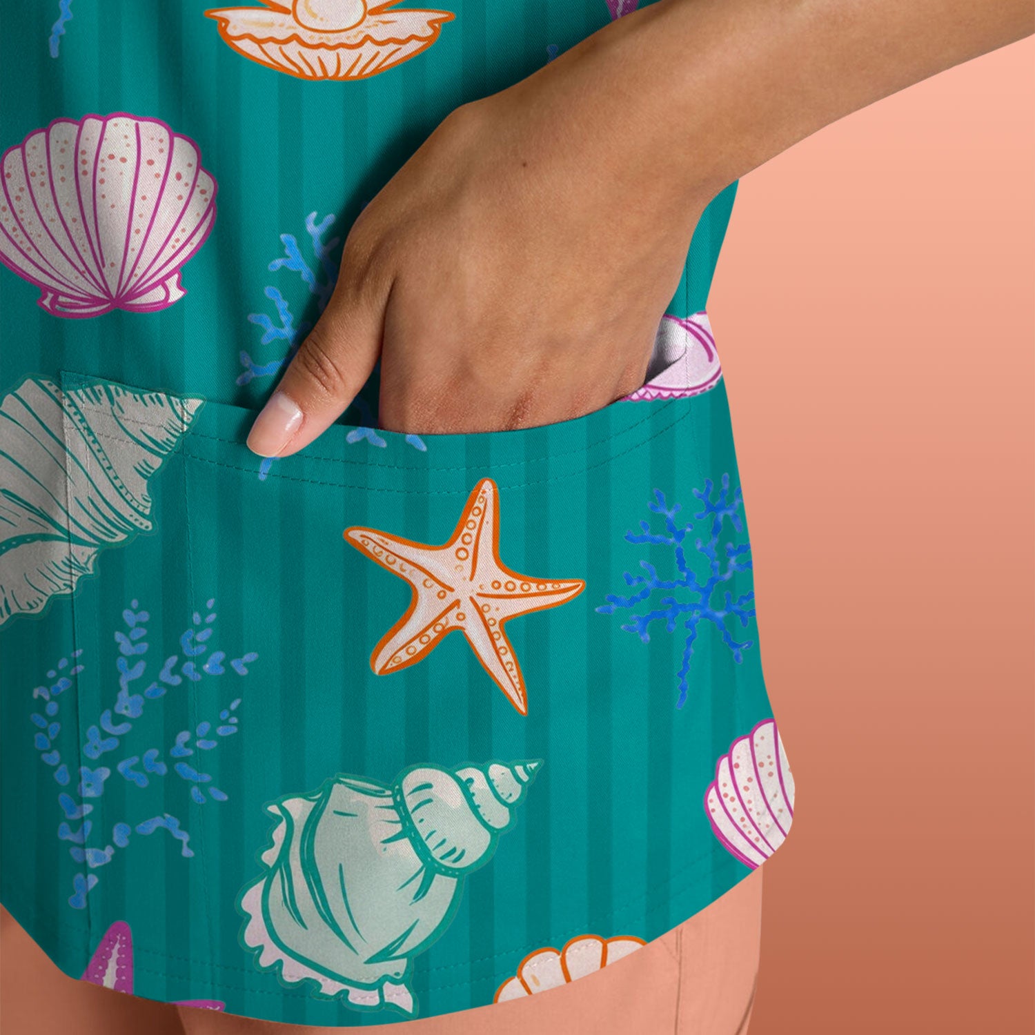 Colorful Seashell Starfish Ocean Stripe Pattern Scrub Top, Breathable Fabrics Nursing Uniform