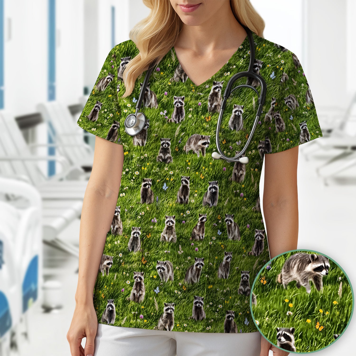 Raccoon Meadow Print Scrub Top, Comfortable Scrubs for Nurses