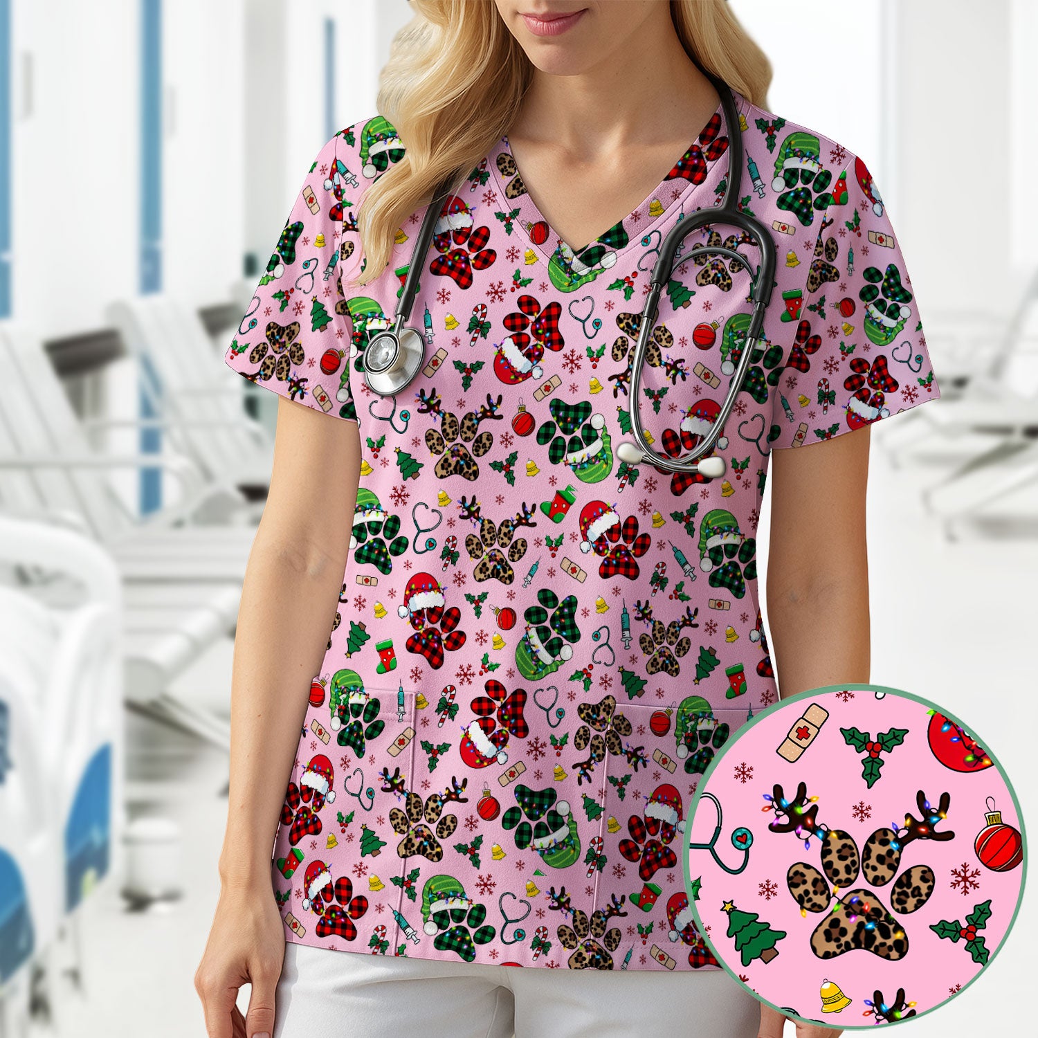 Christmas Paw Print Scrub Top for Nurses - Cute Leopard Holiday Pattern - Funny Festive Medical Uniform Gift