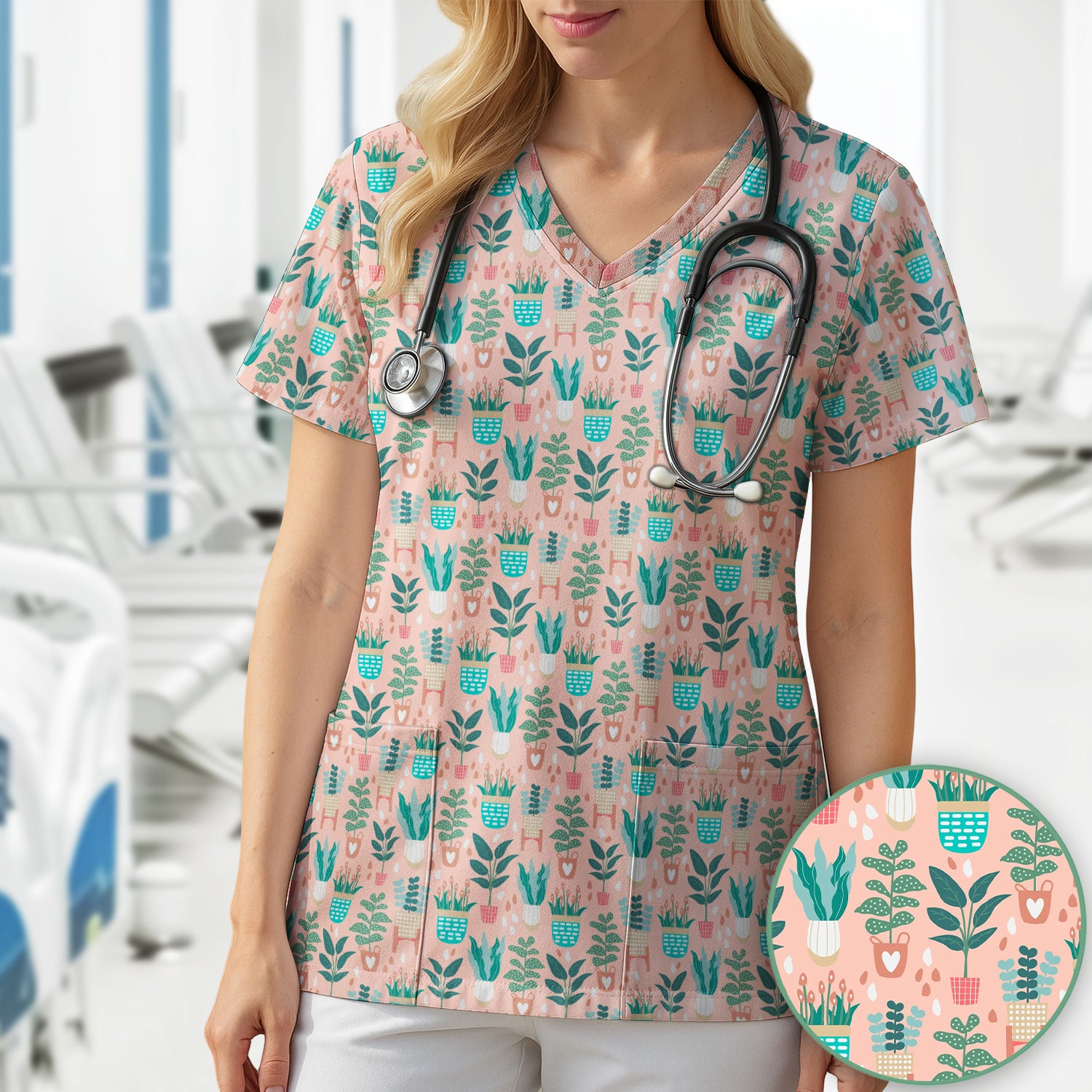 Potted Houseplant Leaves Pattern Scrub Top, Comfortable Scrubs for Nurses