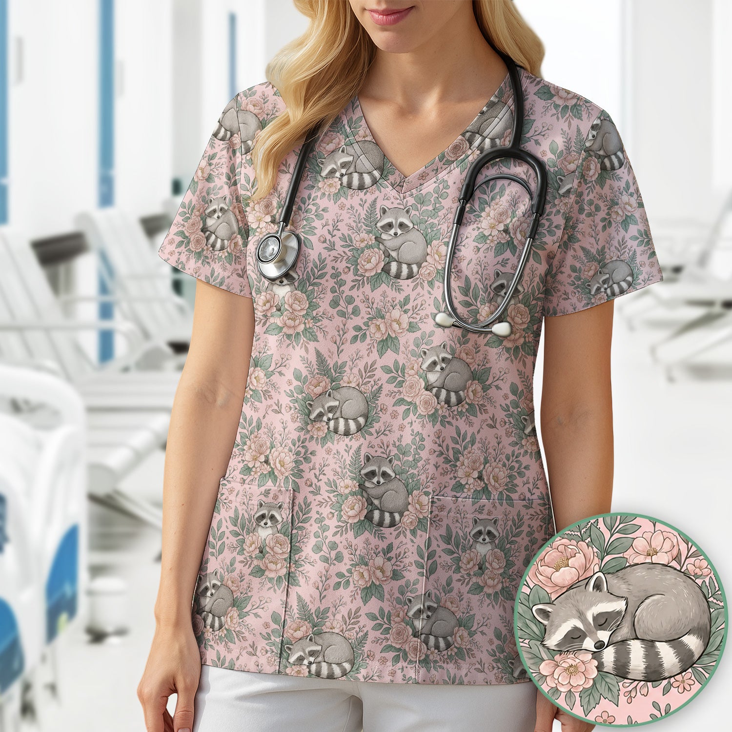 Sleeping Raccoon Rose Garden Pattern Scrub Top, Breathable Fabrics Nursing Uniform