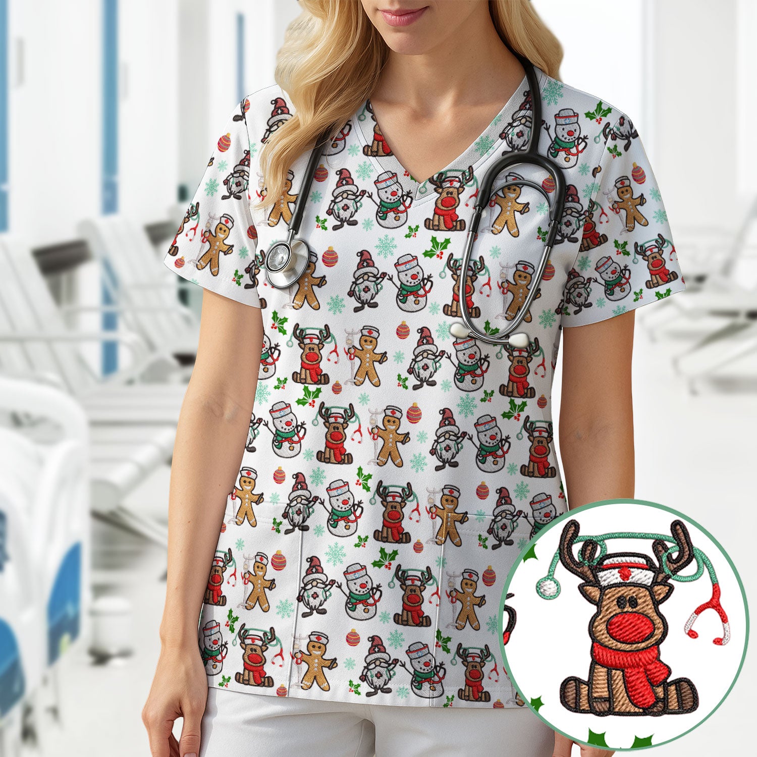 Christmas Gingerbread Scrubs for Women - Comfortable Scrubs for Nurses - Reindeer Santa Med Shirt - Breathable Fabrics Nursing Uniform