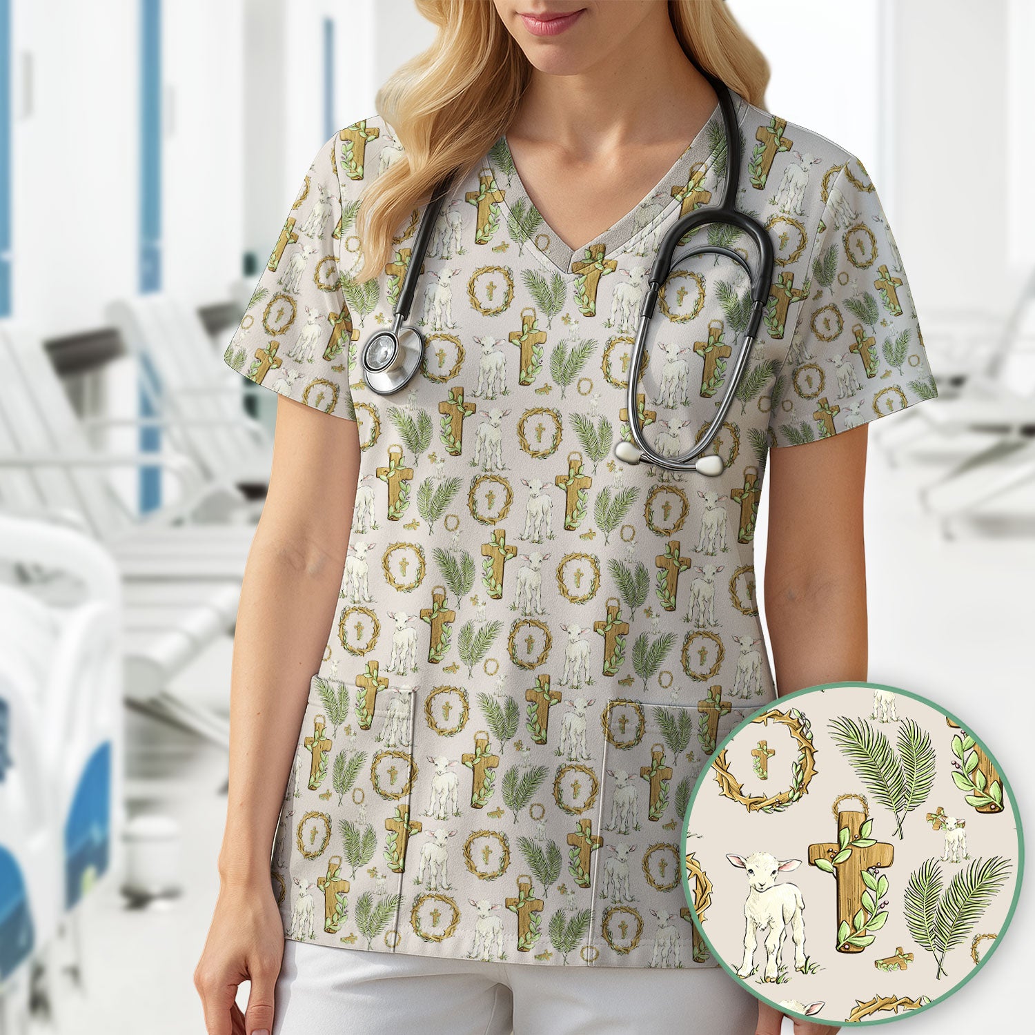 Faith Lamb Cross Pattern Scrub Top, Comfortable Scrubs for Nurses