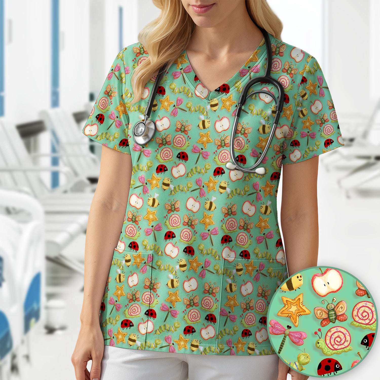 Cute Nurse Snail Ladybug Caterpillar Apple Garden Pattern Scrub Top, Breathable Fabrics Nursing Uniform