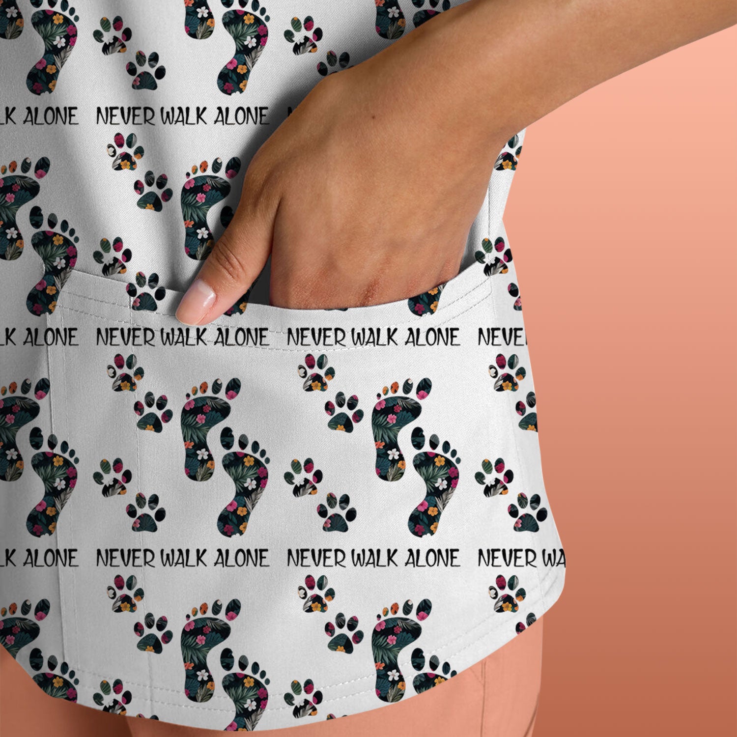 Never Walk Alone Scrub Top, Floral Paw Print Medical Scrub Shirt for Nurses, Vet Techs And Healthcare Workers