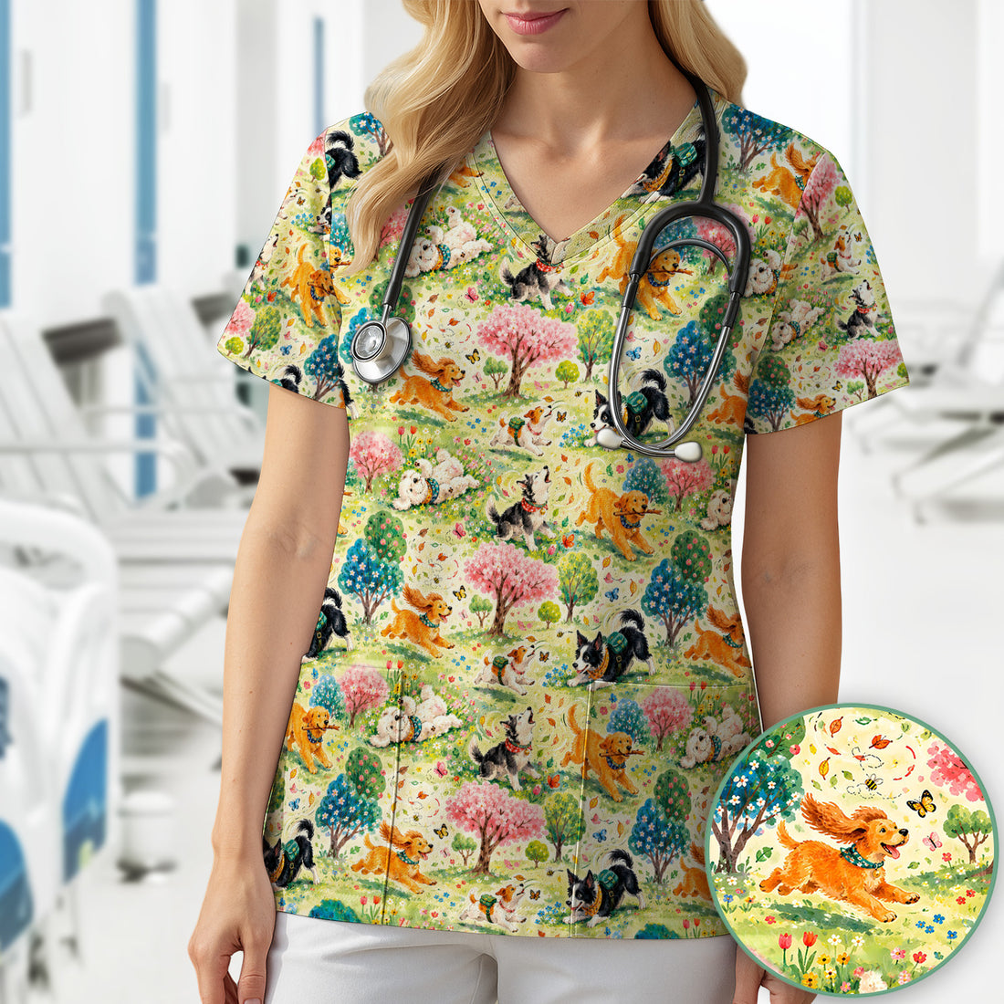 Playful Spring Garden Dogs Pattern Scrub Top, Comfortable Scrubs for Nurses