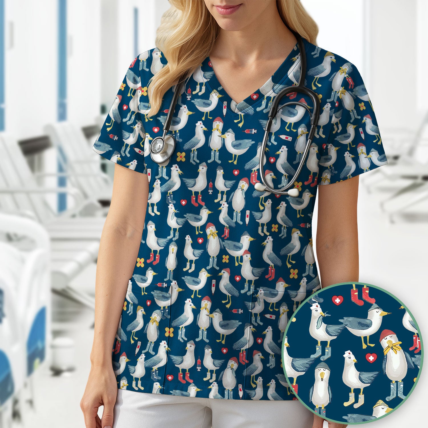 Funny Seagull Nurse Scrub Top - Cute Bird with Medical Icons - Comfortable Scrubs for Women