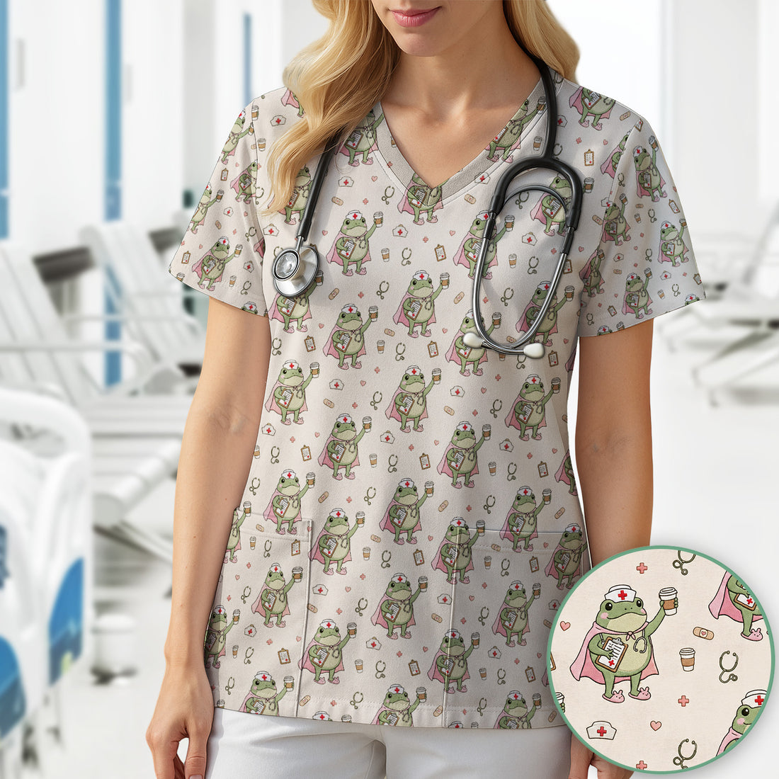 Cute Super Nurse Frog Pattern Scrub Top, Comfortable Scrubs for Nurses
