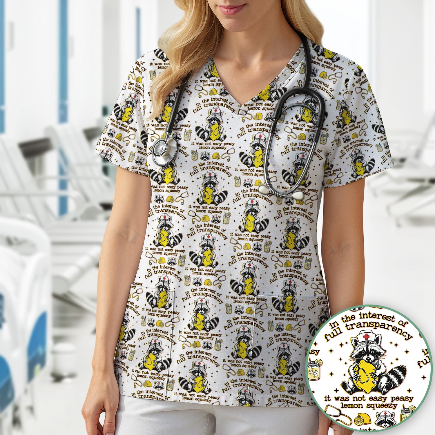 Raccoon Lemon Quote Medical Humor Pattern Scrub Top, Breathable Fabrics Nursing Uniform
