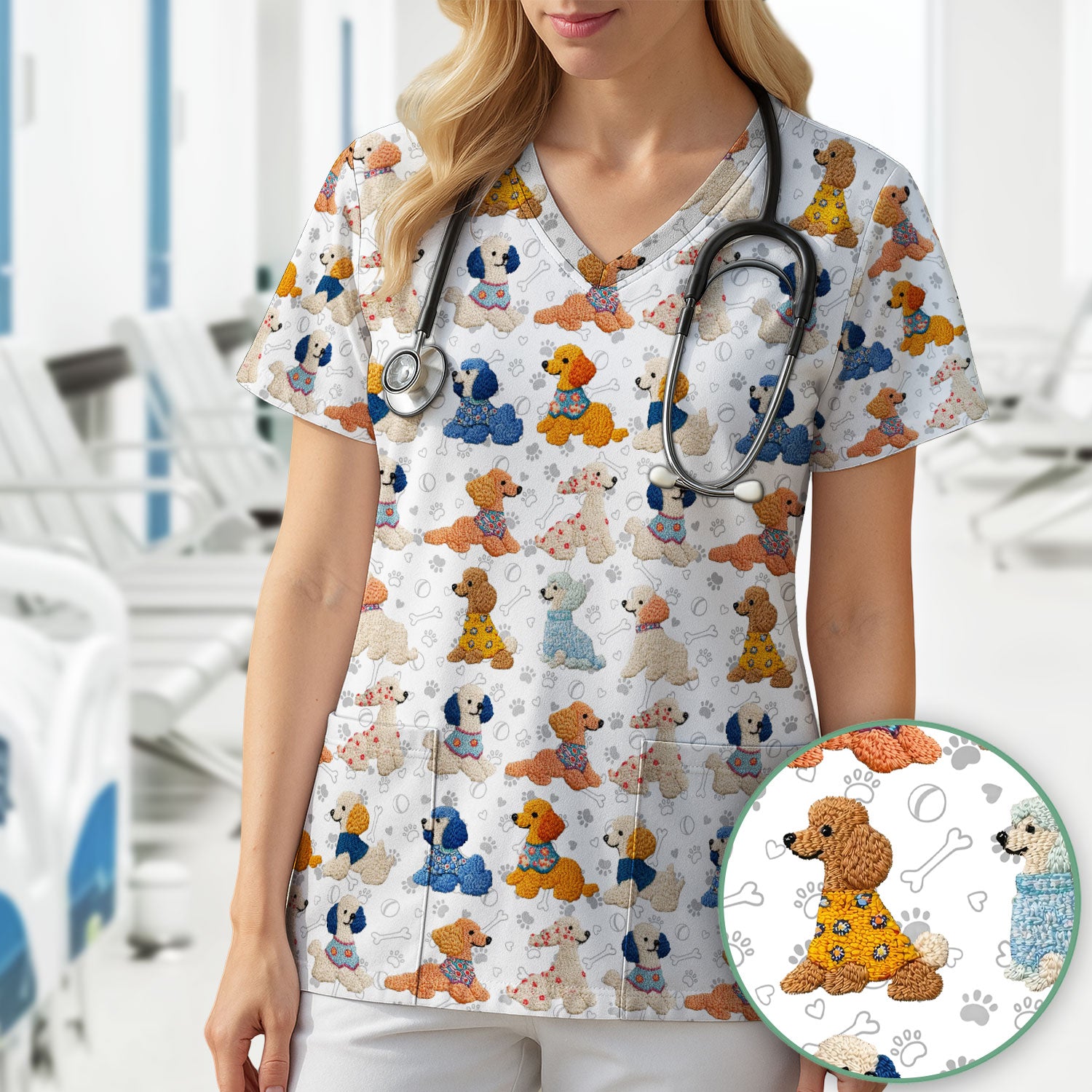 Cute Colorful Poodle Pattern Scrub Top, Comfortable Scrubs for Nurses