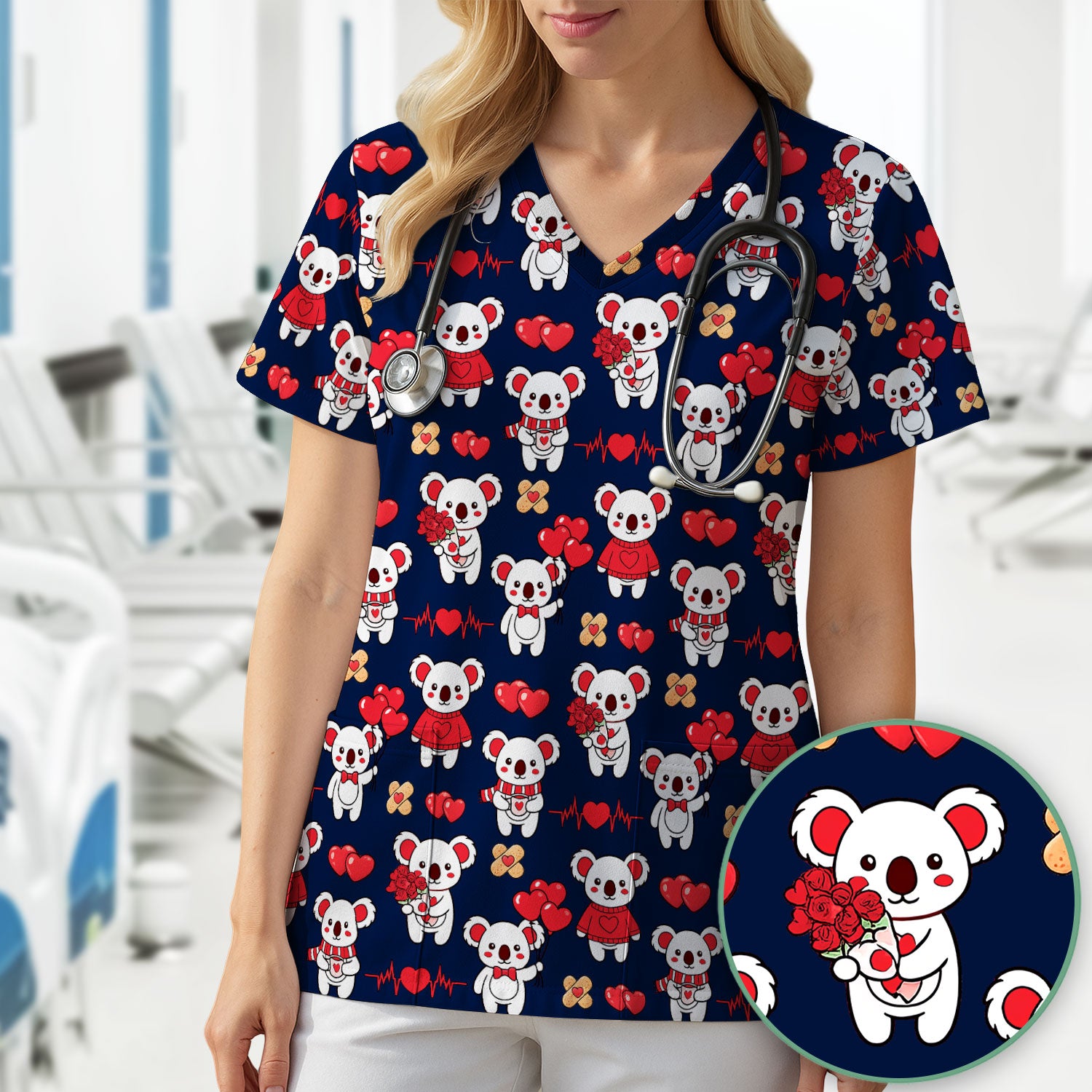 Sweet Koala Valentine Medical Design Scrub Top, Comfortable Scrubs for Nurses