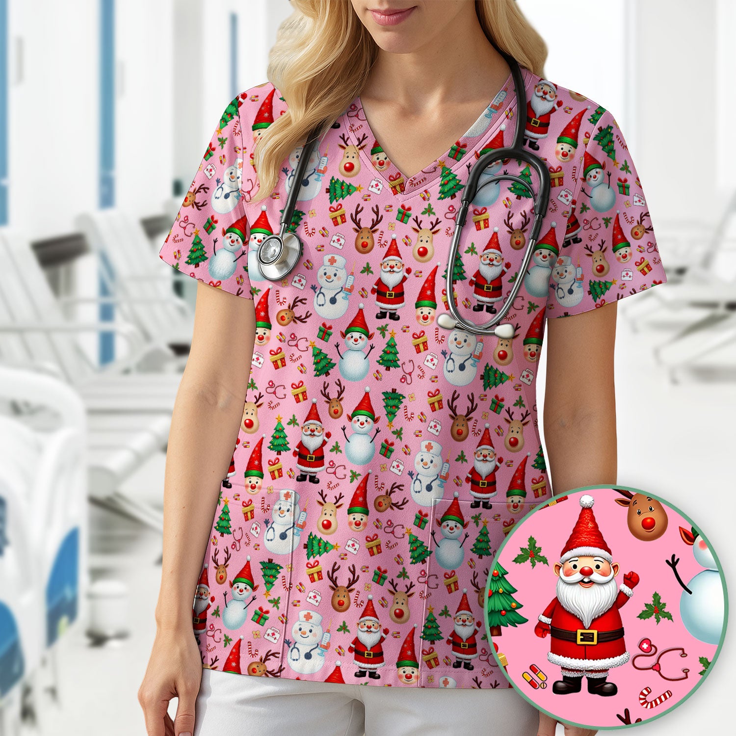Christmas Nurse Scrub Top - Cute Snowman Santa Reindeer Pattern Medical Shirt - Festive Holiday Scrubs for Women RN CNA LPN