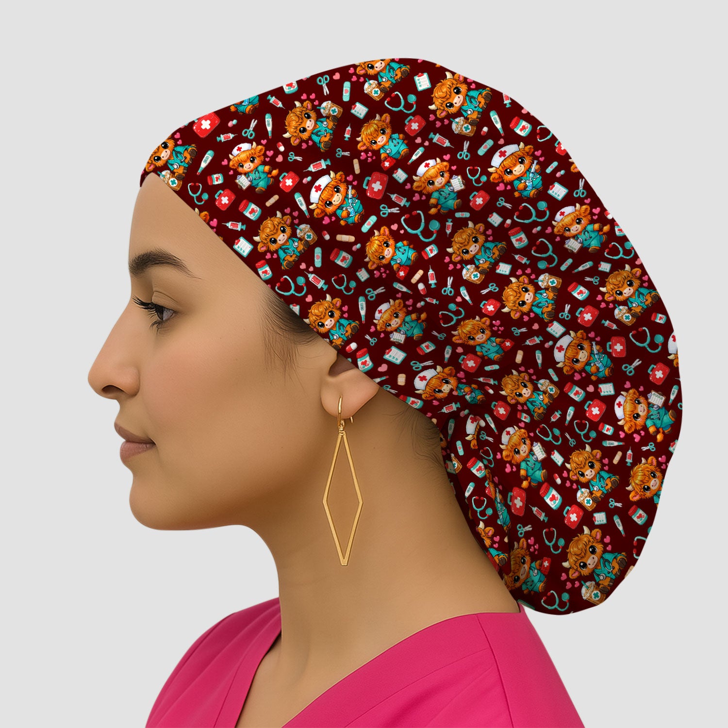 Cute Highland Cow Nurse Scrub Cap, Kawaii Medical Pattern Hat, Breathable Fabrics Nursing Uniform