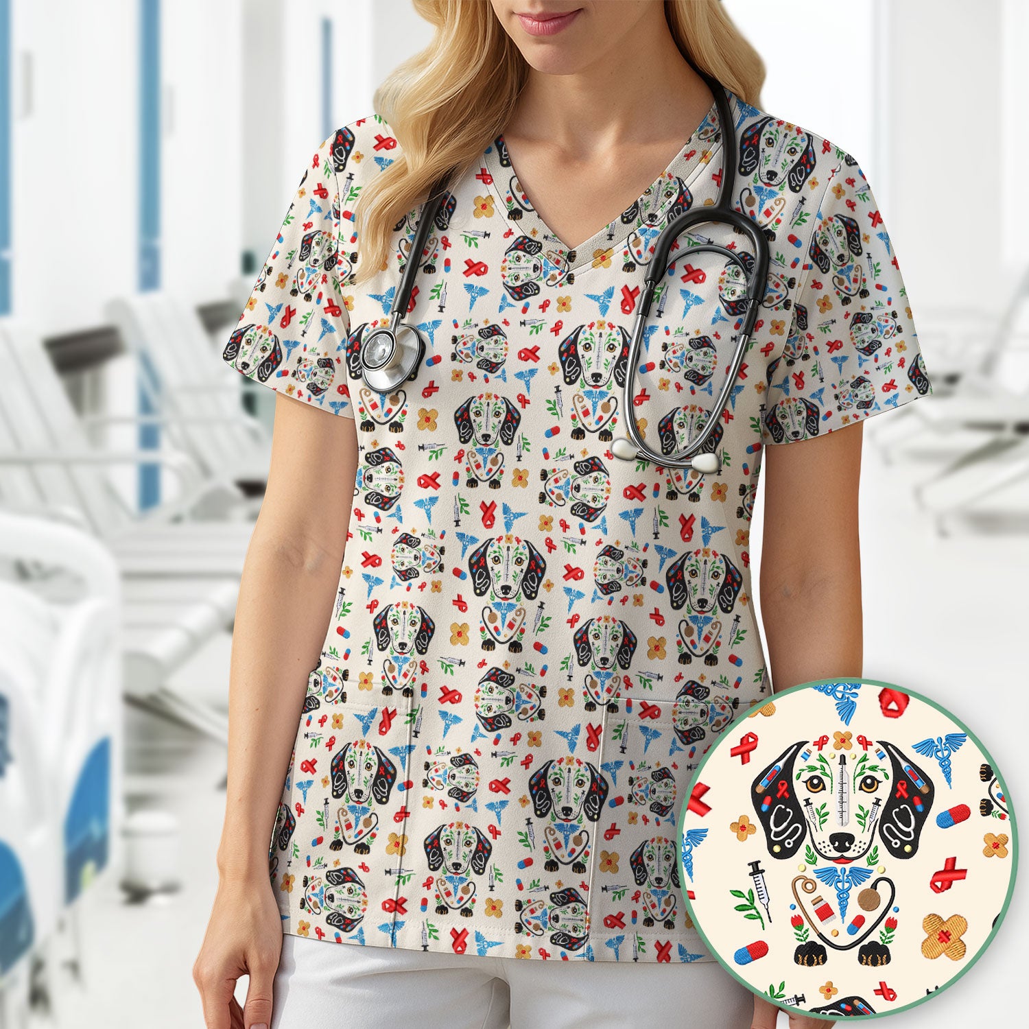 Dachshund Medical Icon Pattern Scrub Top, Comfortable Scrubs for Nurses