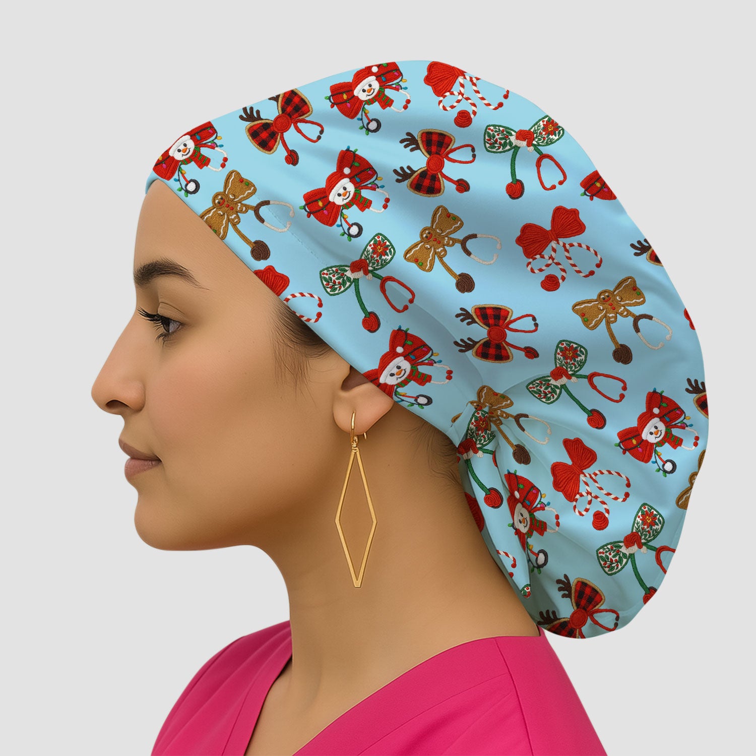 Christmas Stethoscope Bow Nurse Scrub Cap, Xmas Pattern Scrub Hat, Holiday Nursing Uniform