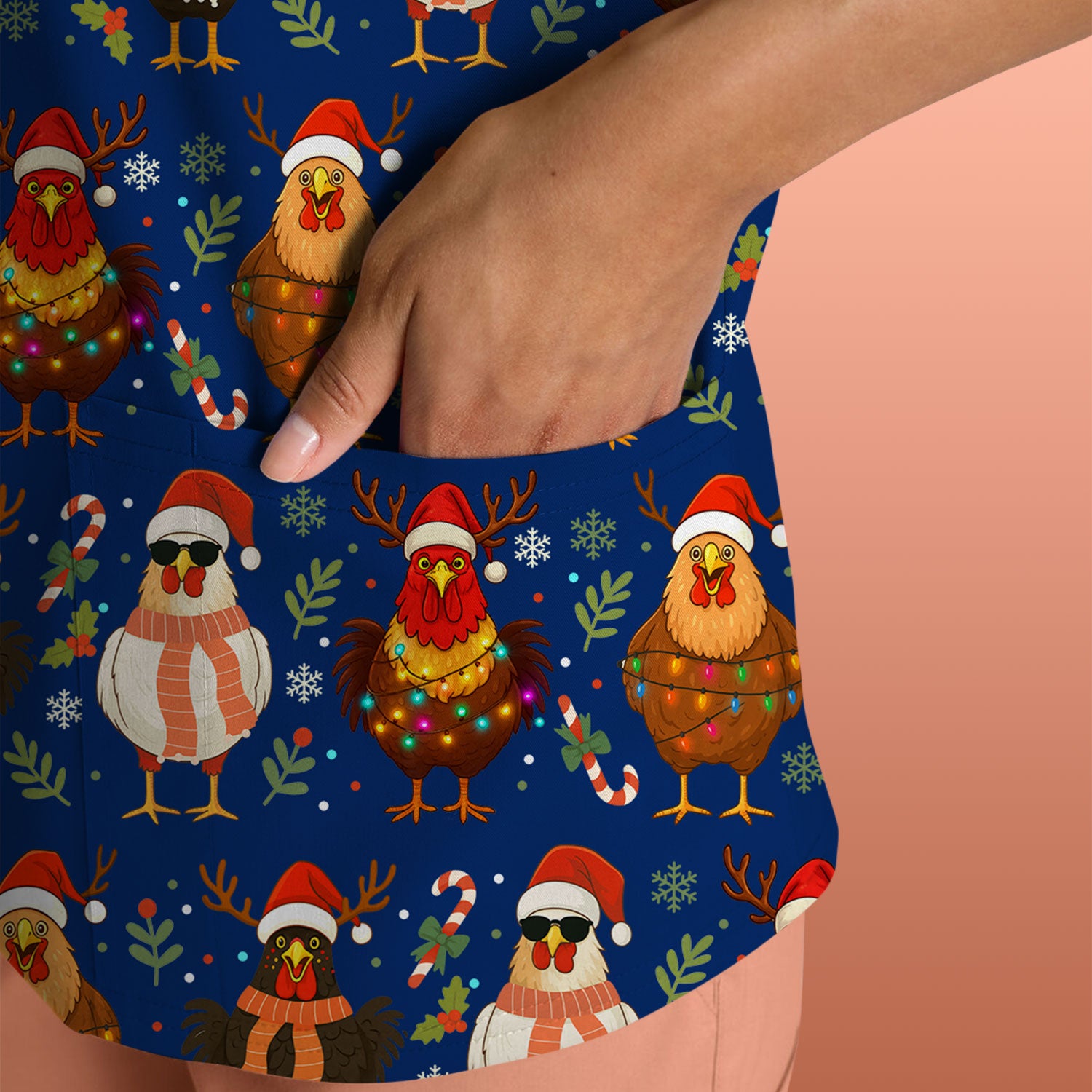 Chicken Scrubs Christmas Edition - Cute Funny Hen Pattern Medical Scrub Top for Women - Holiday Christmas Scrubs with Festive Print