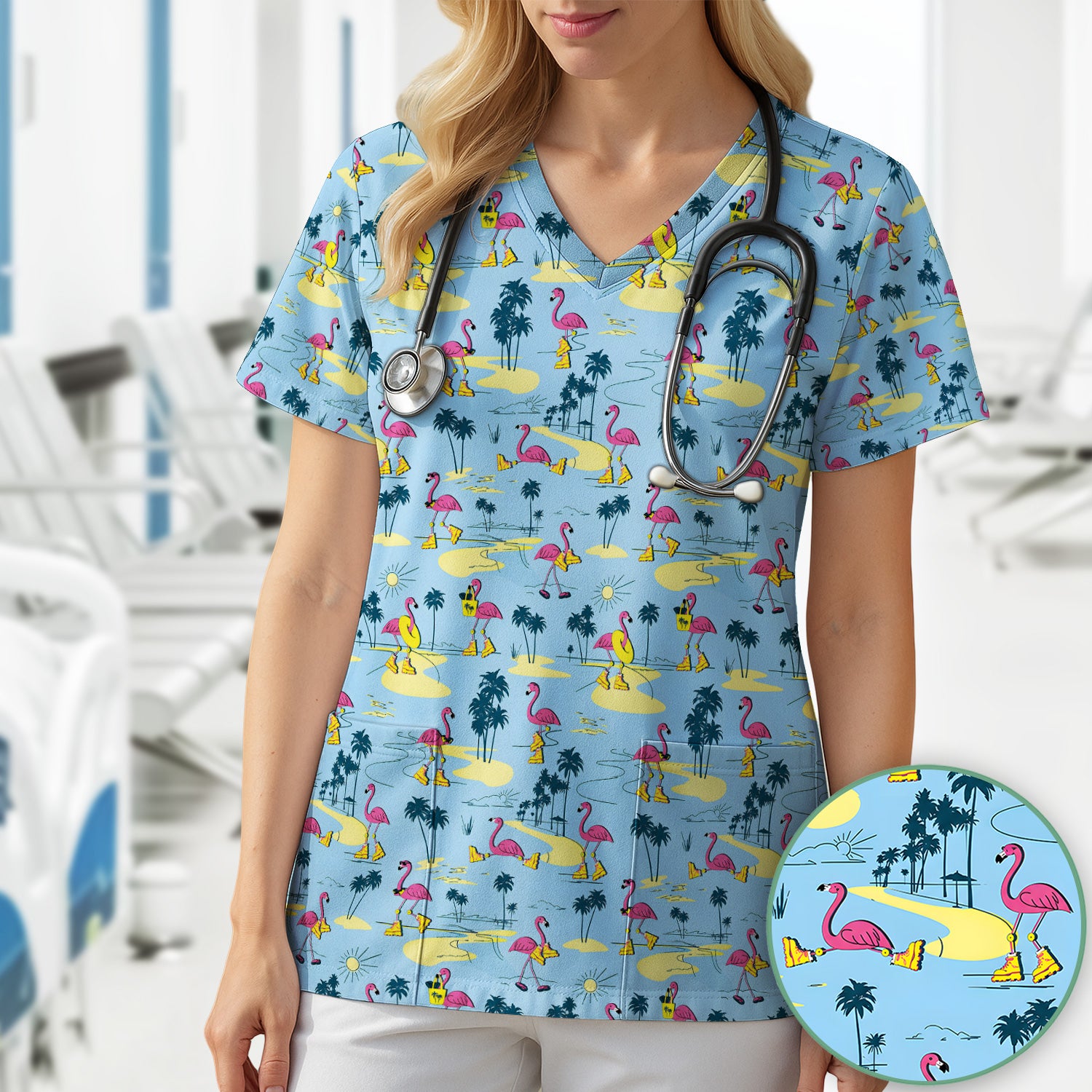 Retro Flamingo Nurse Scrub Top for RN, CNA, Healthcare Workers, Tropical Beach Uniform