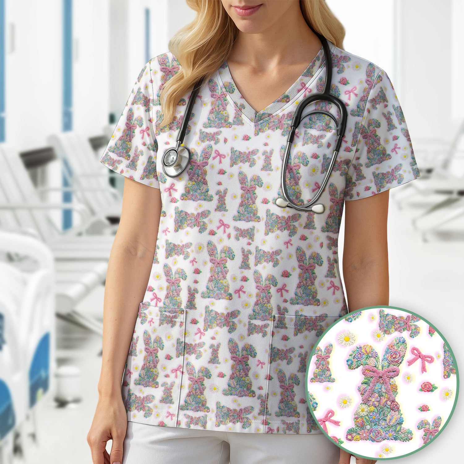 Colorful Floral Bunny with Pink Bow Pattern Scrub Top, Breathable Fabrics Nursing Uniform, Easter