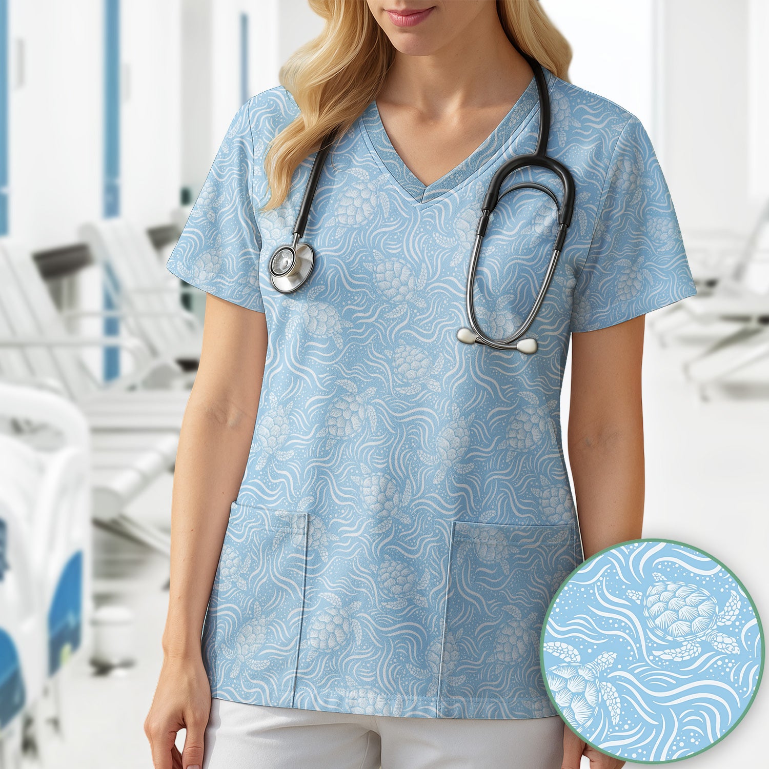 Cute Ocean Sea Turtle Waves Pattern Scrub Top, Comfortable Scrubs for Nurses