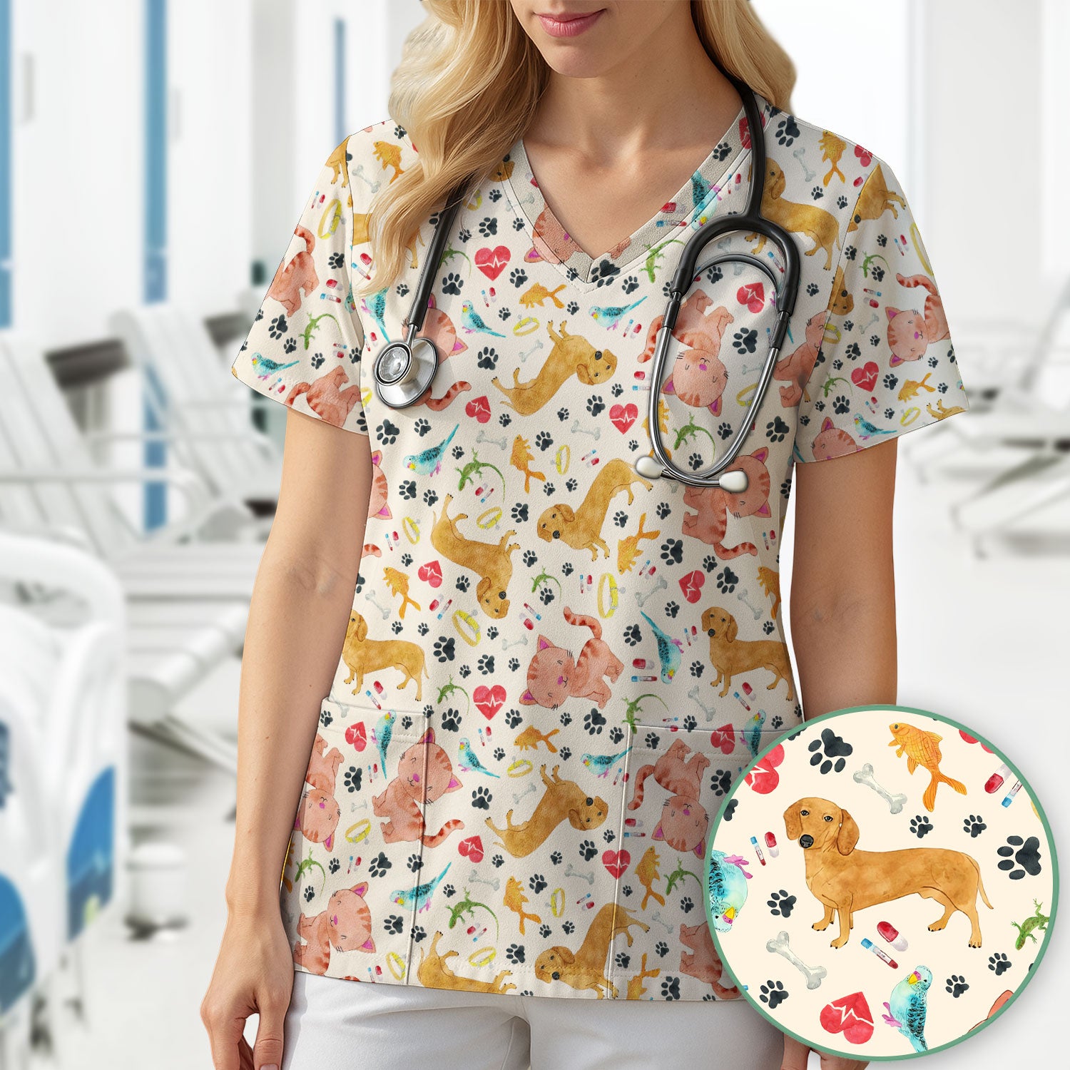 Cat Dog Veterinary Scrub Top - Cute Animal Paw Print Medical Shirt - Adorable Nurse Scrubs for Women RN CNA Vet Tech